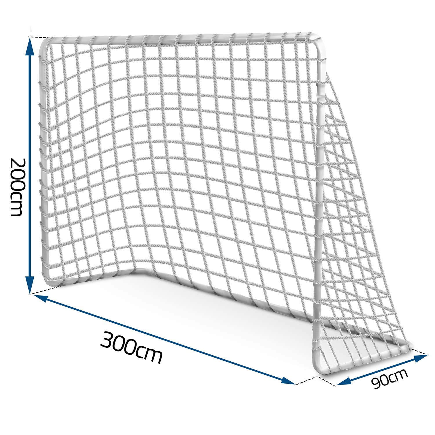 Biała bramka piłkarska z siatką, 300cm szeroka, 200cm wysoka, 90cm głęboka.