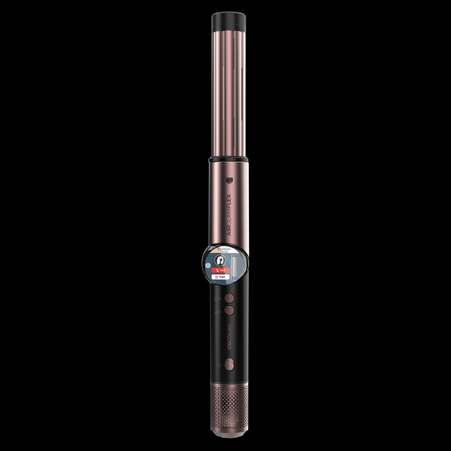 Un'elegante styler per capelli color oro rosa con manico nero e display digitale.