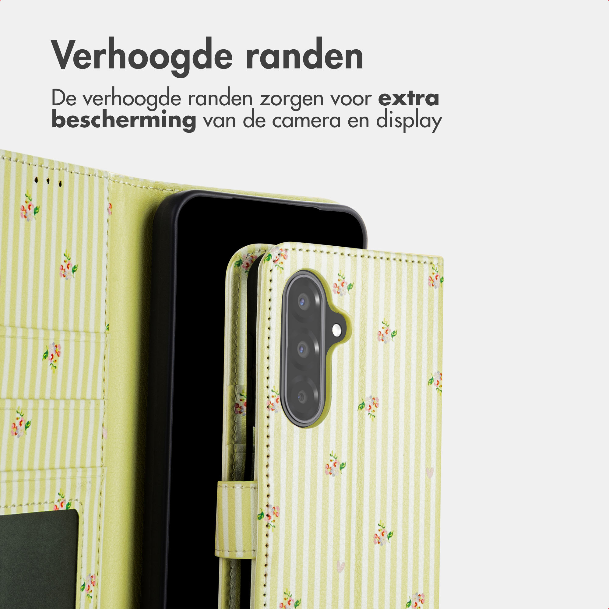 Ein hellgrünes Handycover mit vertikalen Streifen und Blumenmuster.