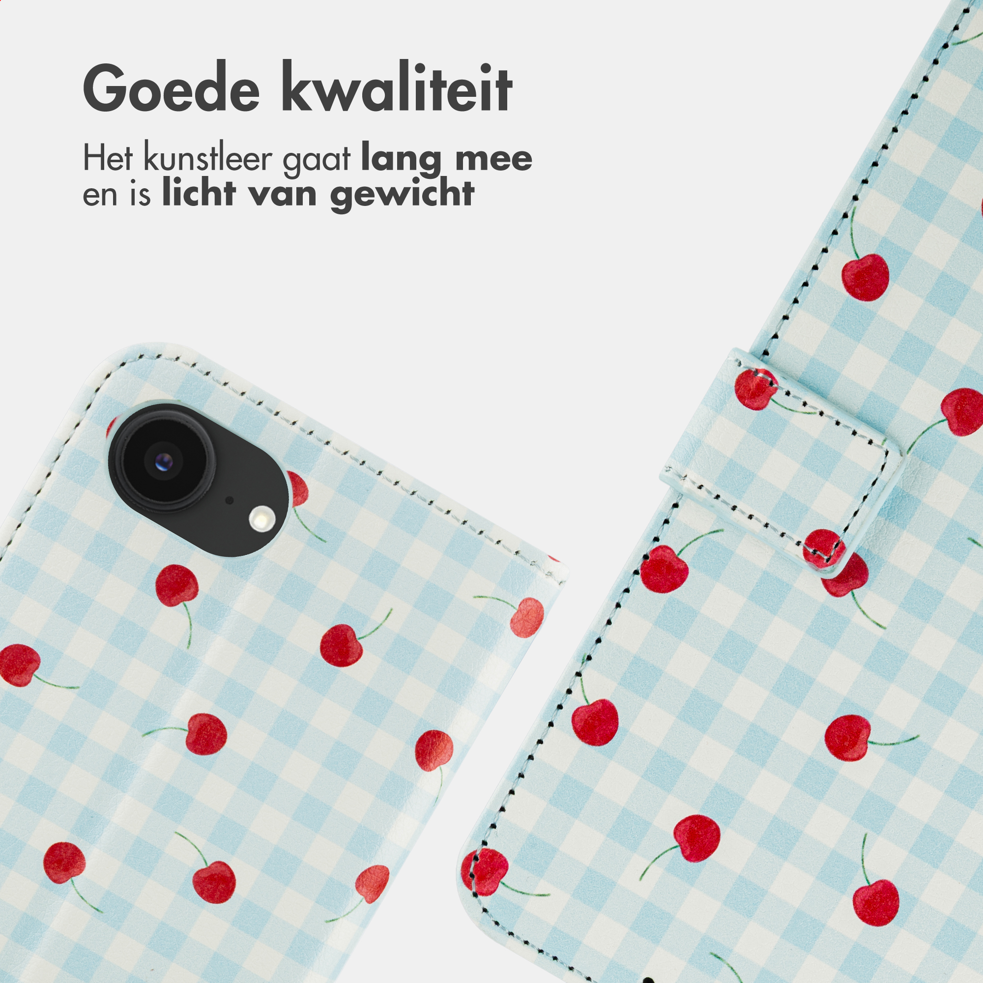 Light blue checkered phone case with cherry pattern and camera area.
