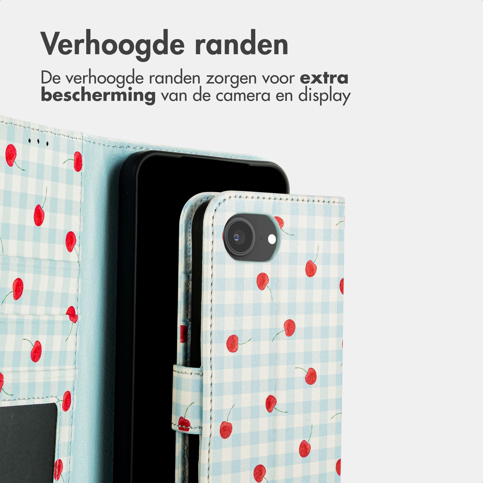 Light blue phone case with cherry pattern and raised edges.