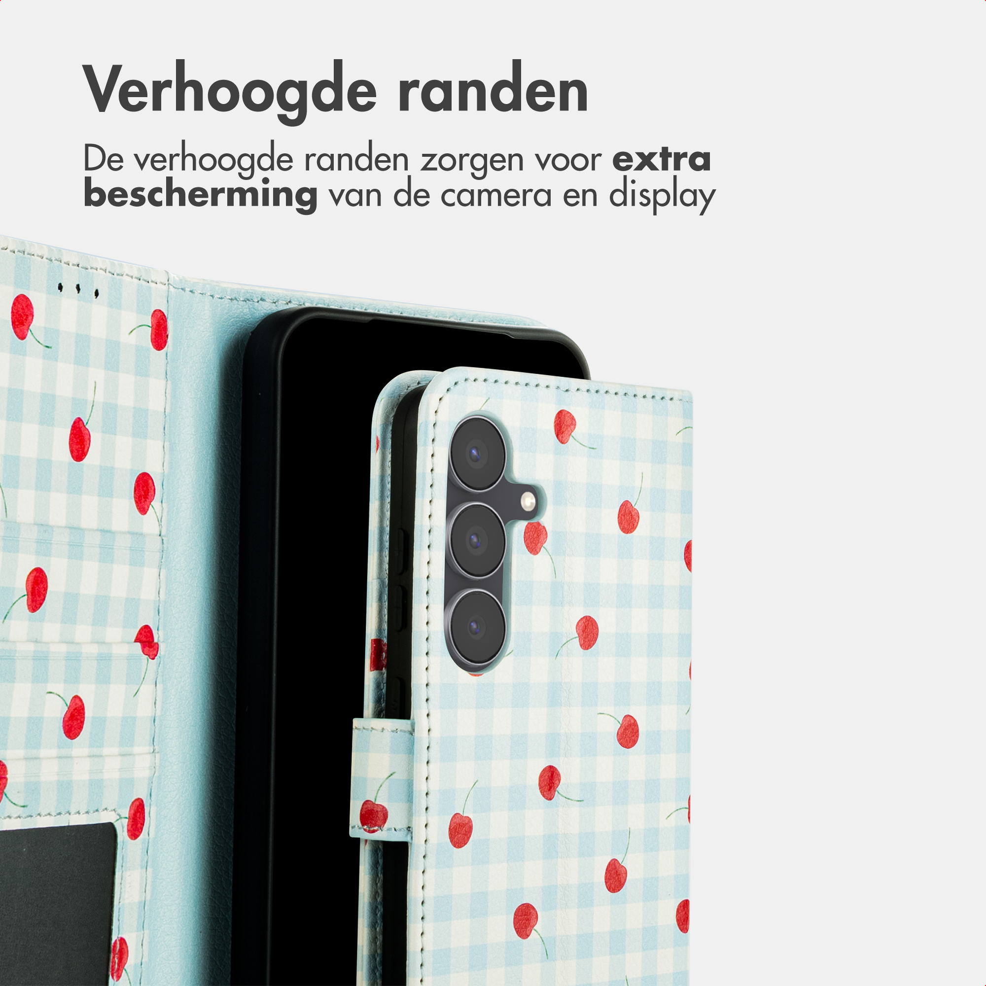 Light blue checkered phone case with cherries, showing camera protection.