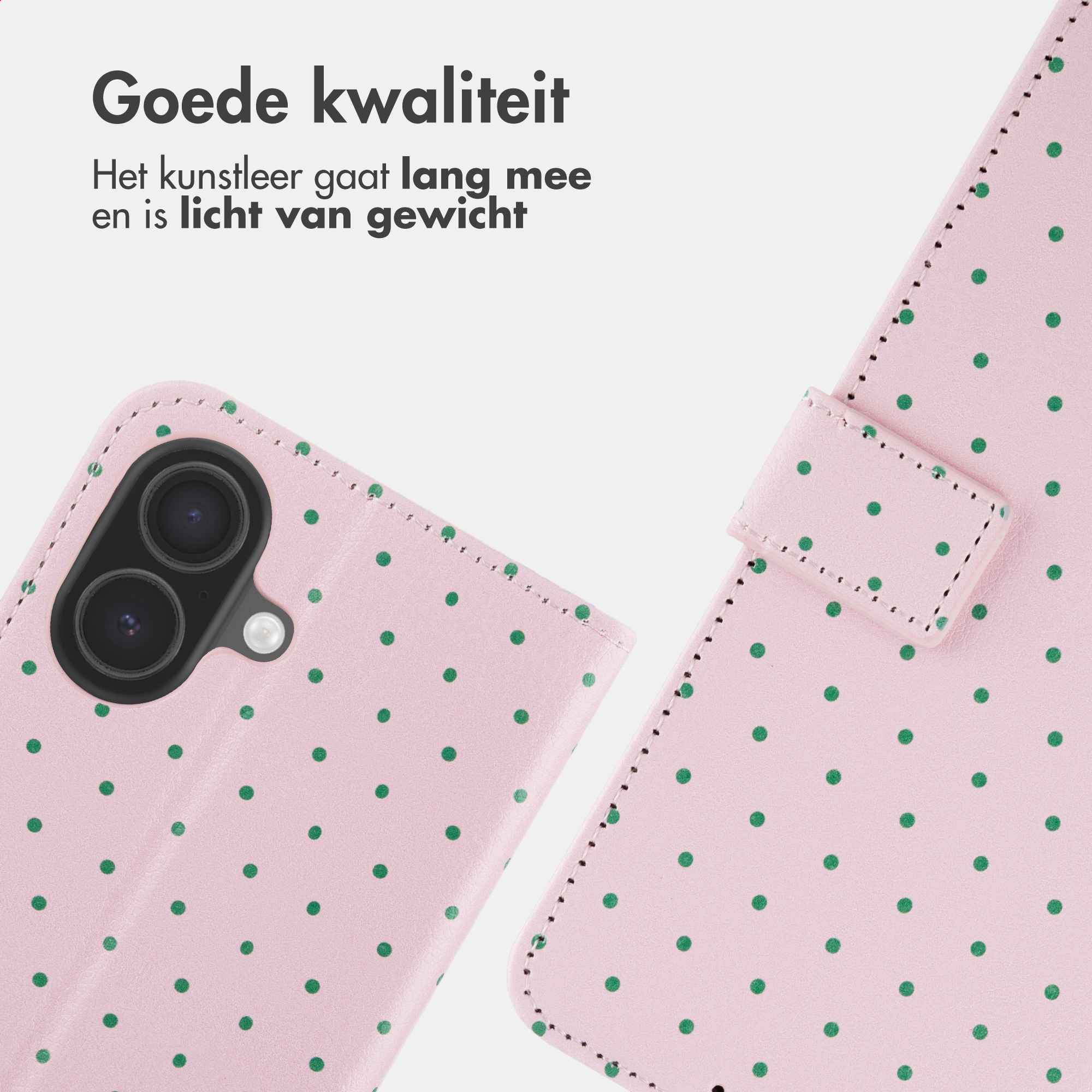 Ein hellrosa Handyhülle mit grünen Tupfen und Kameraöffnung.