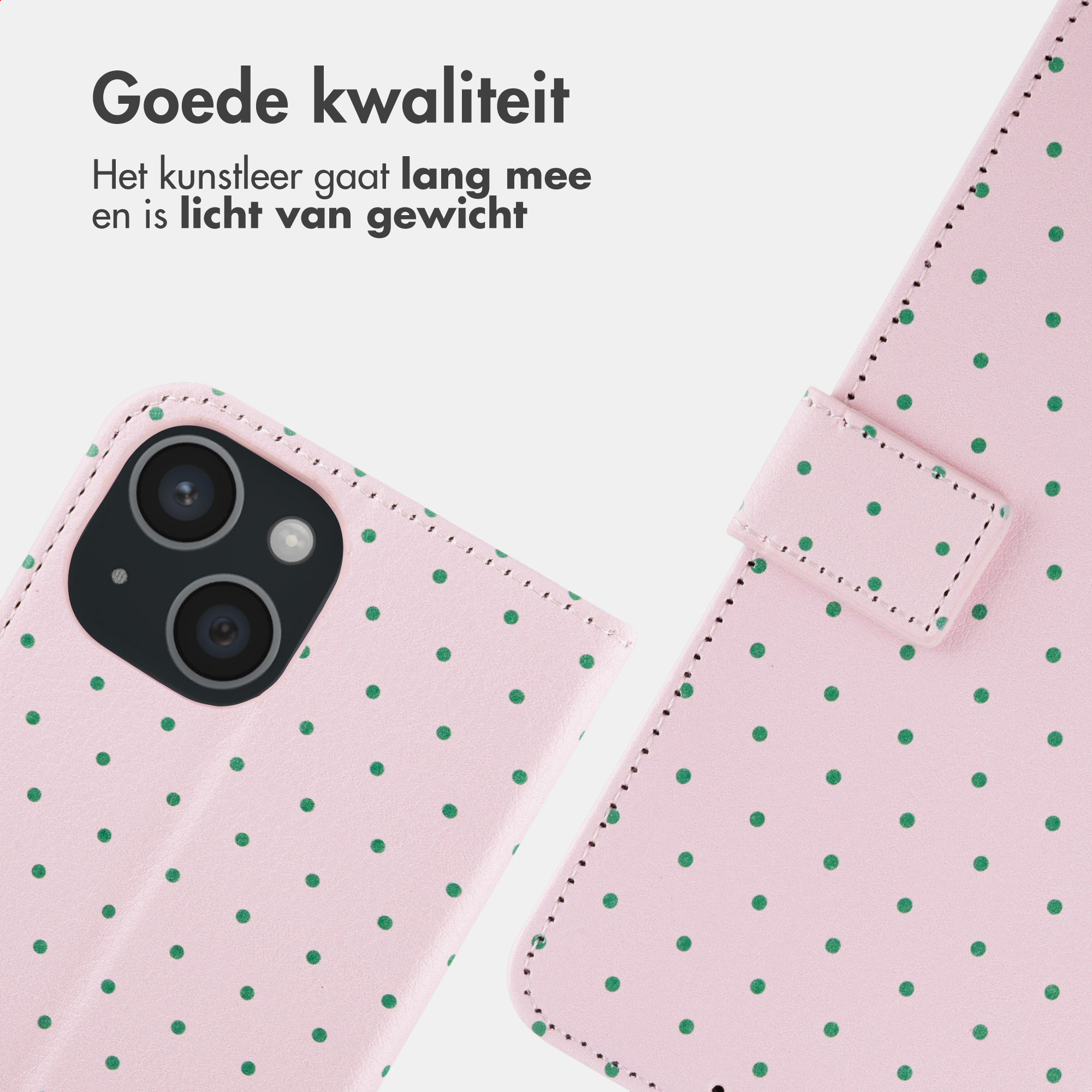Rosa Handyhülle mit grünen Punkten und Kameraobjektiven.
