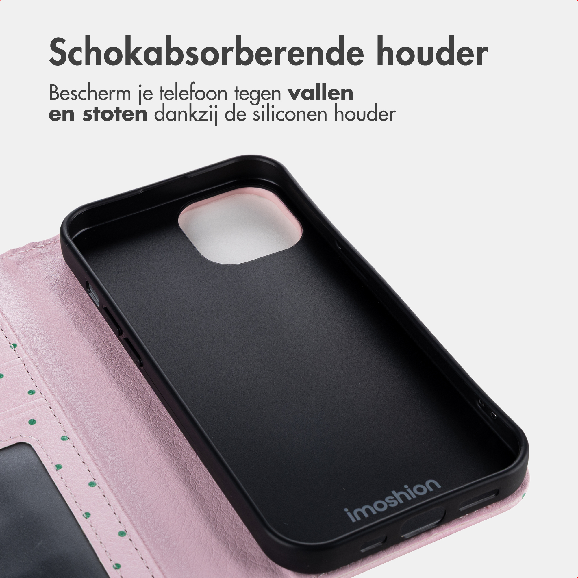 Ein schwarzes Handy-Cover mit rosa Innenfutter und grünen Punkten.