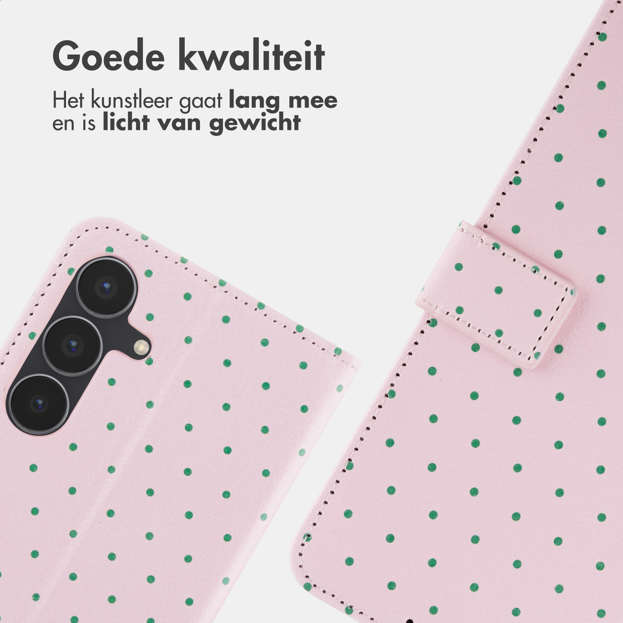 A light pink phone case with green polka dots and camera module.