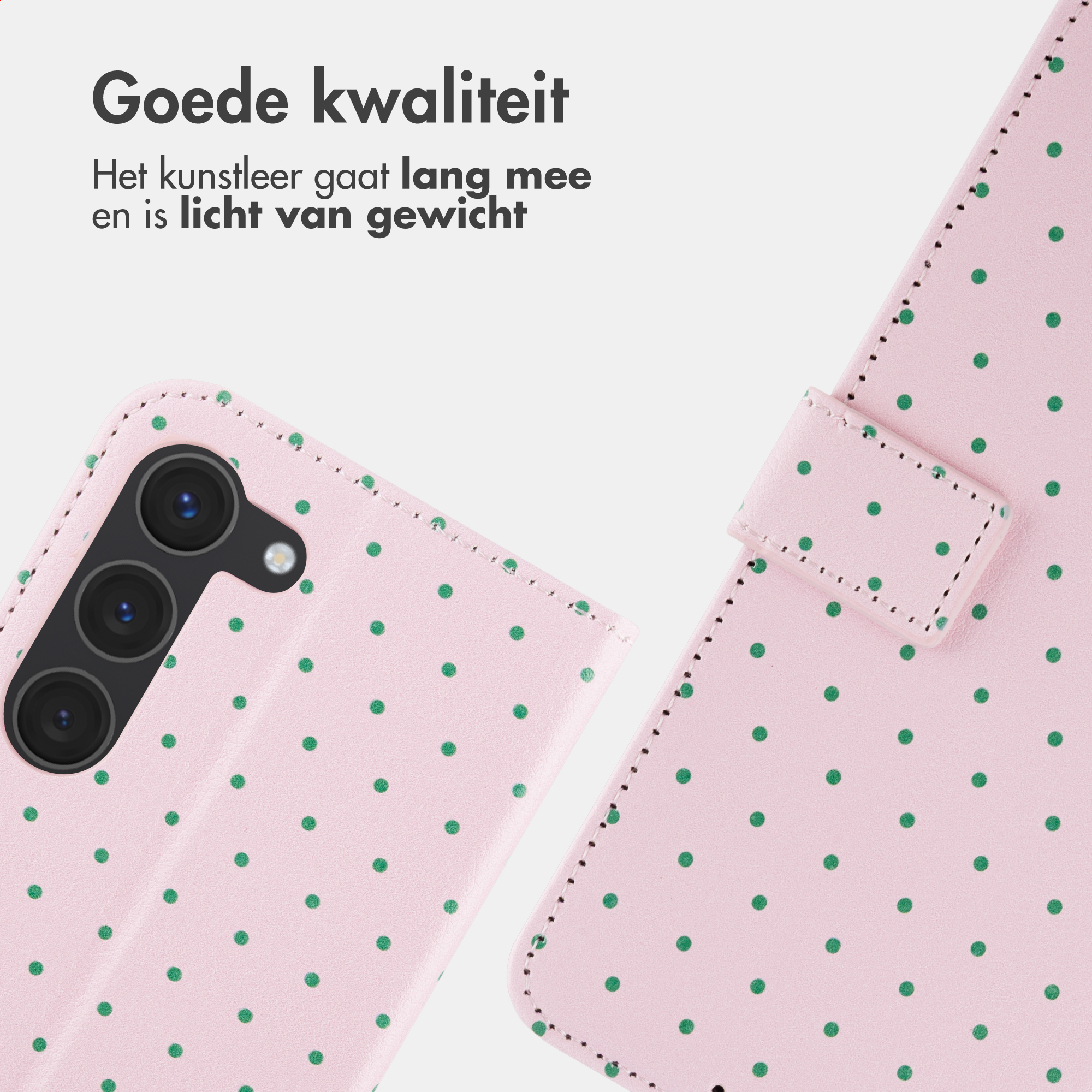 Eine rosafarbene Handyhülle mit grünen Tupfen und einer Kameraöffnung.