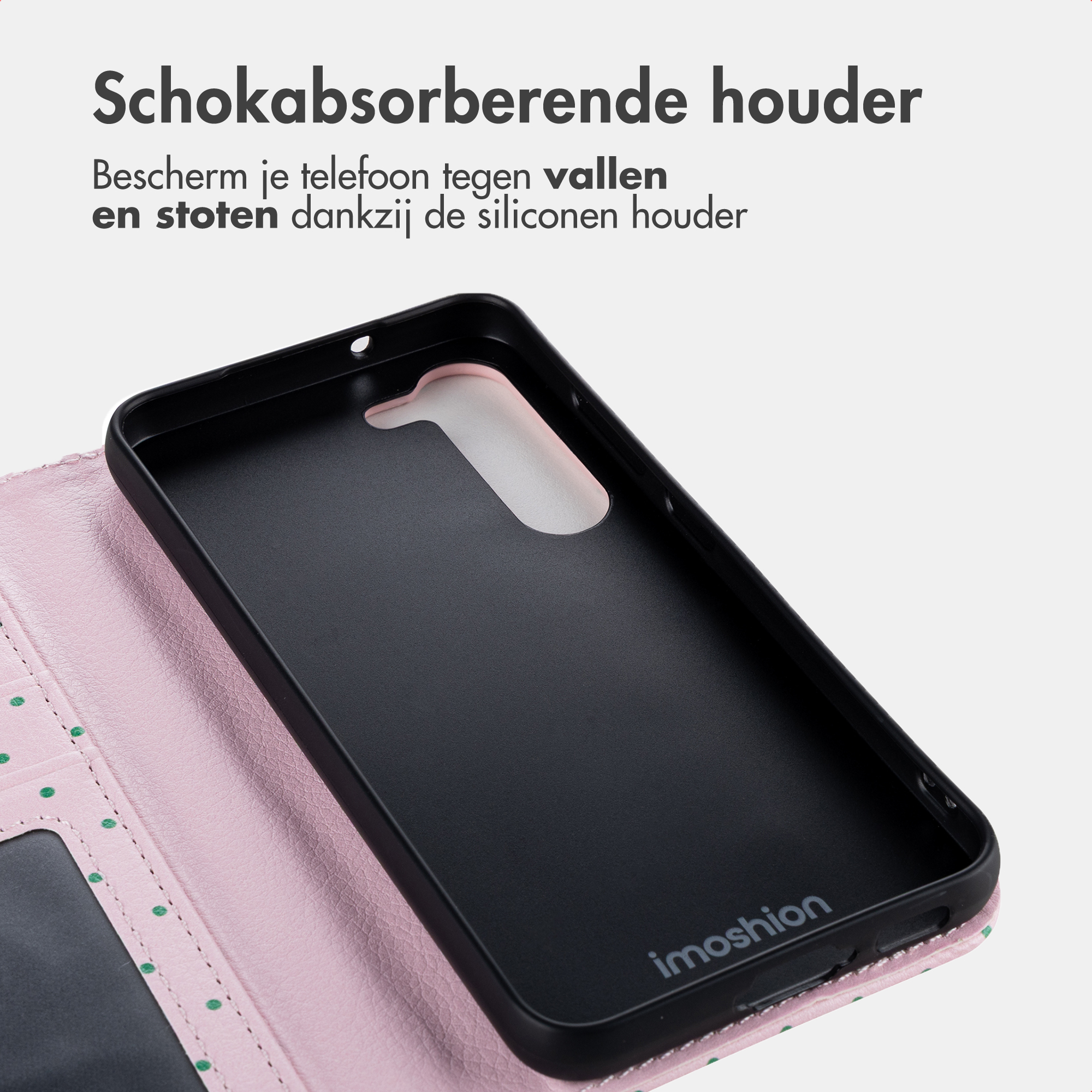 Schwarze Handyhülle mit rosa gepunktetem Futter, Logo innen.