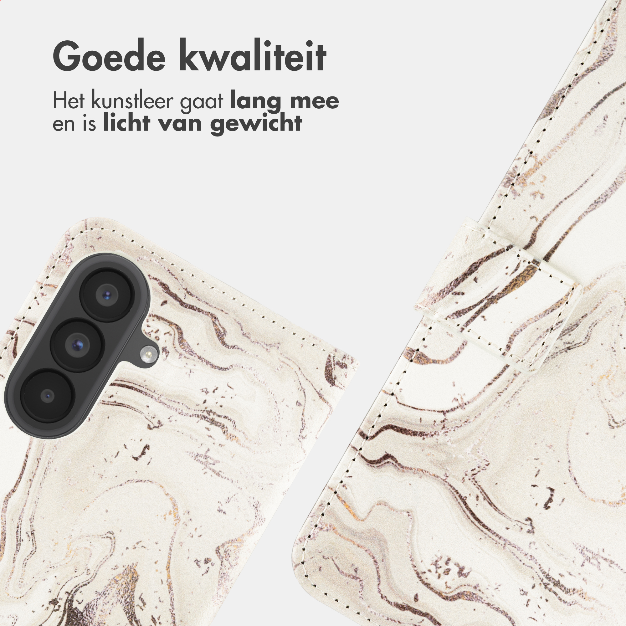 Ein Handy-Rückseiten-Cover mit Marmormuster in Weiß und Braun.