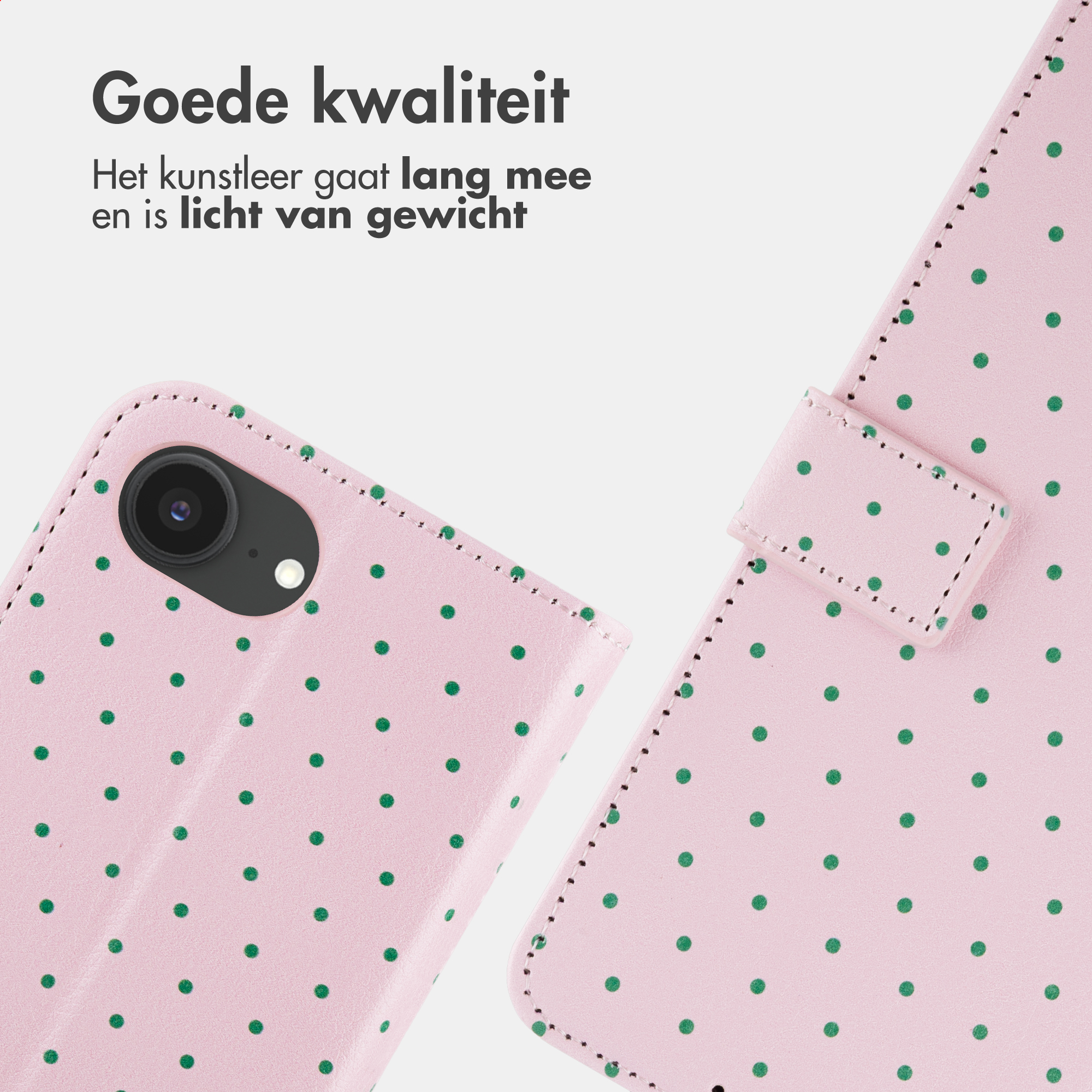 A pink phone case with green polka dots and a camera opening.