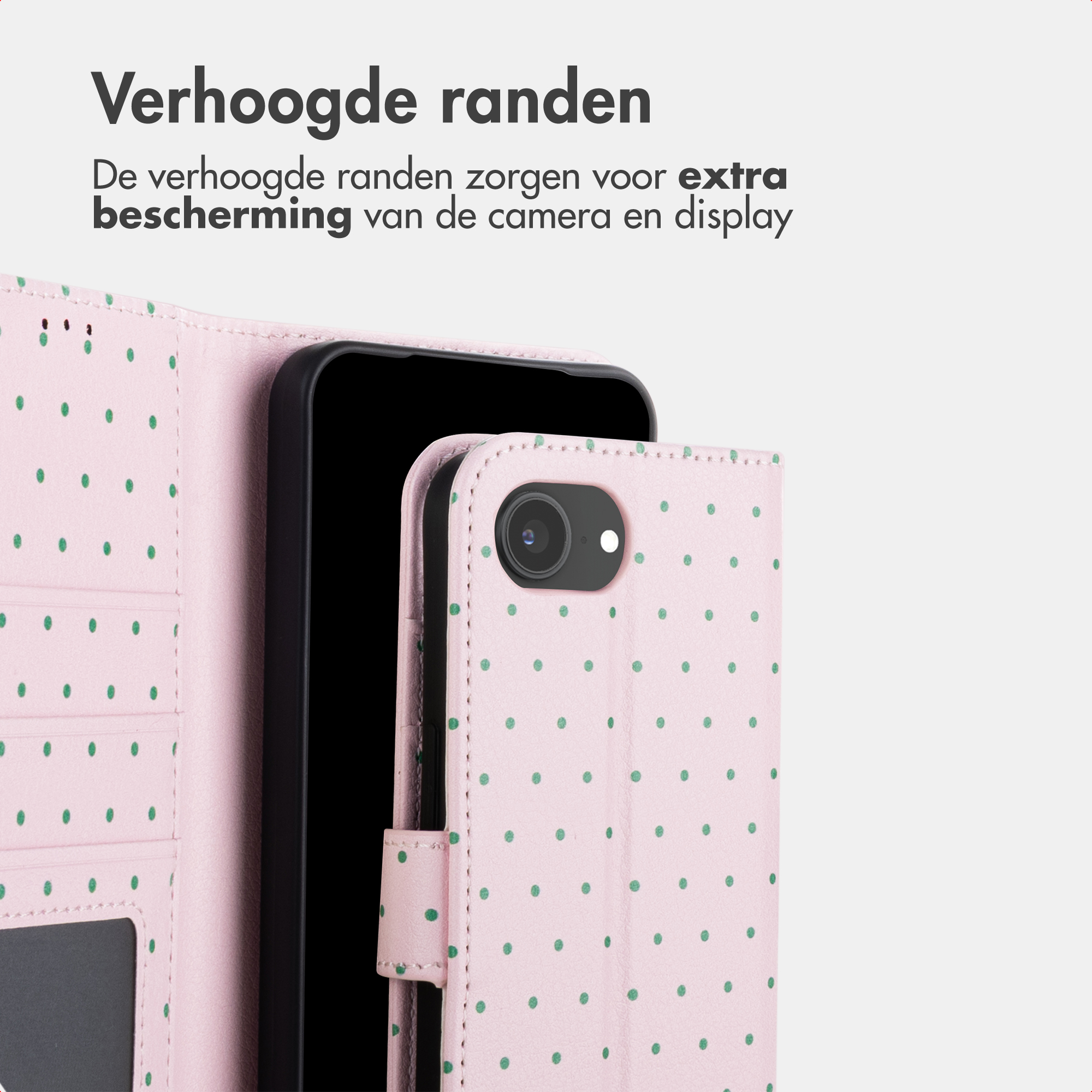 A pink phone case with green dots, protecting the phone.