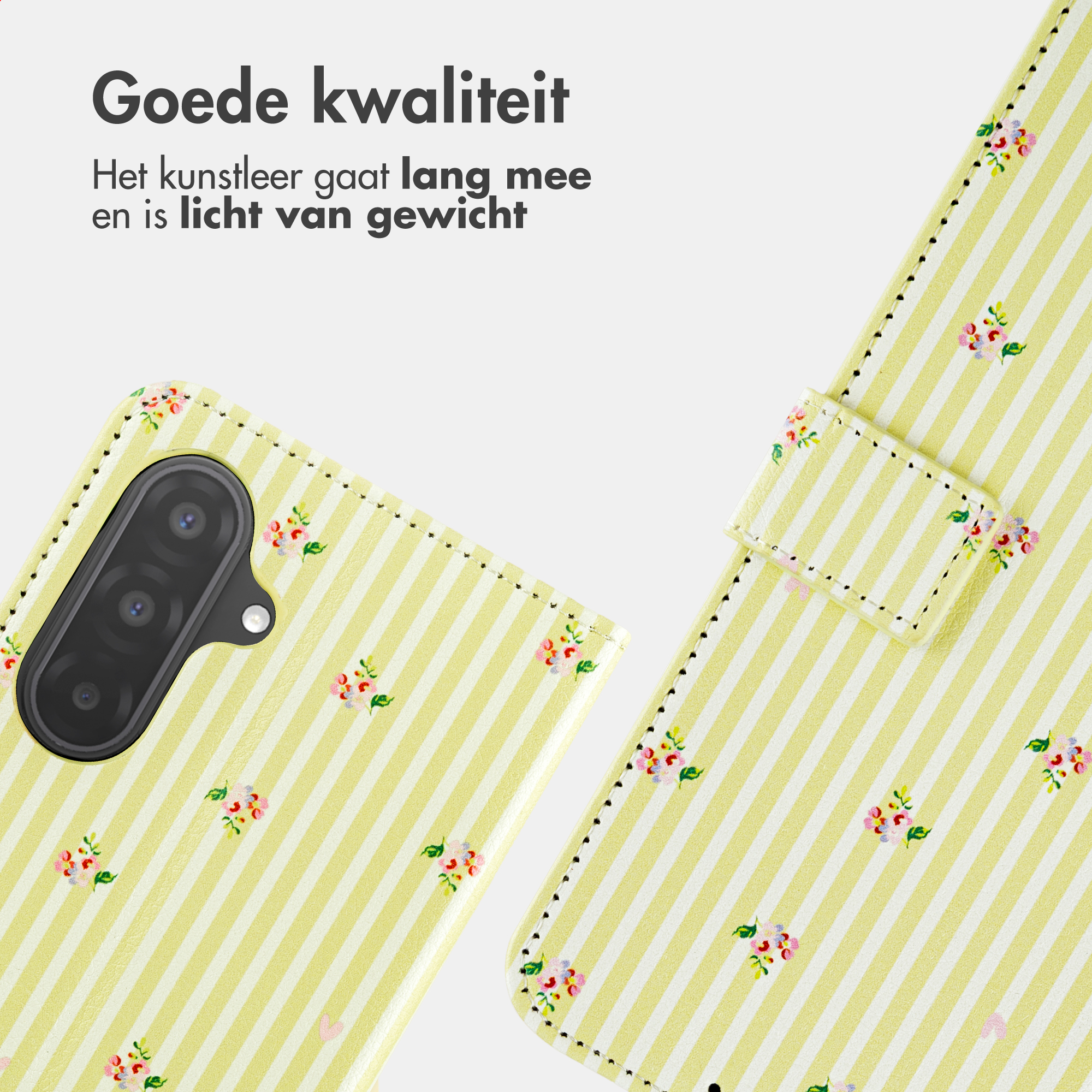 Gelbe Handyhülle mit weißem Streifenmuster und kleinen Blumen.