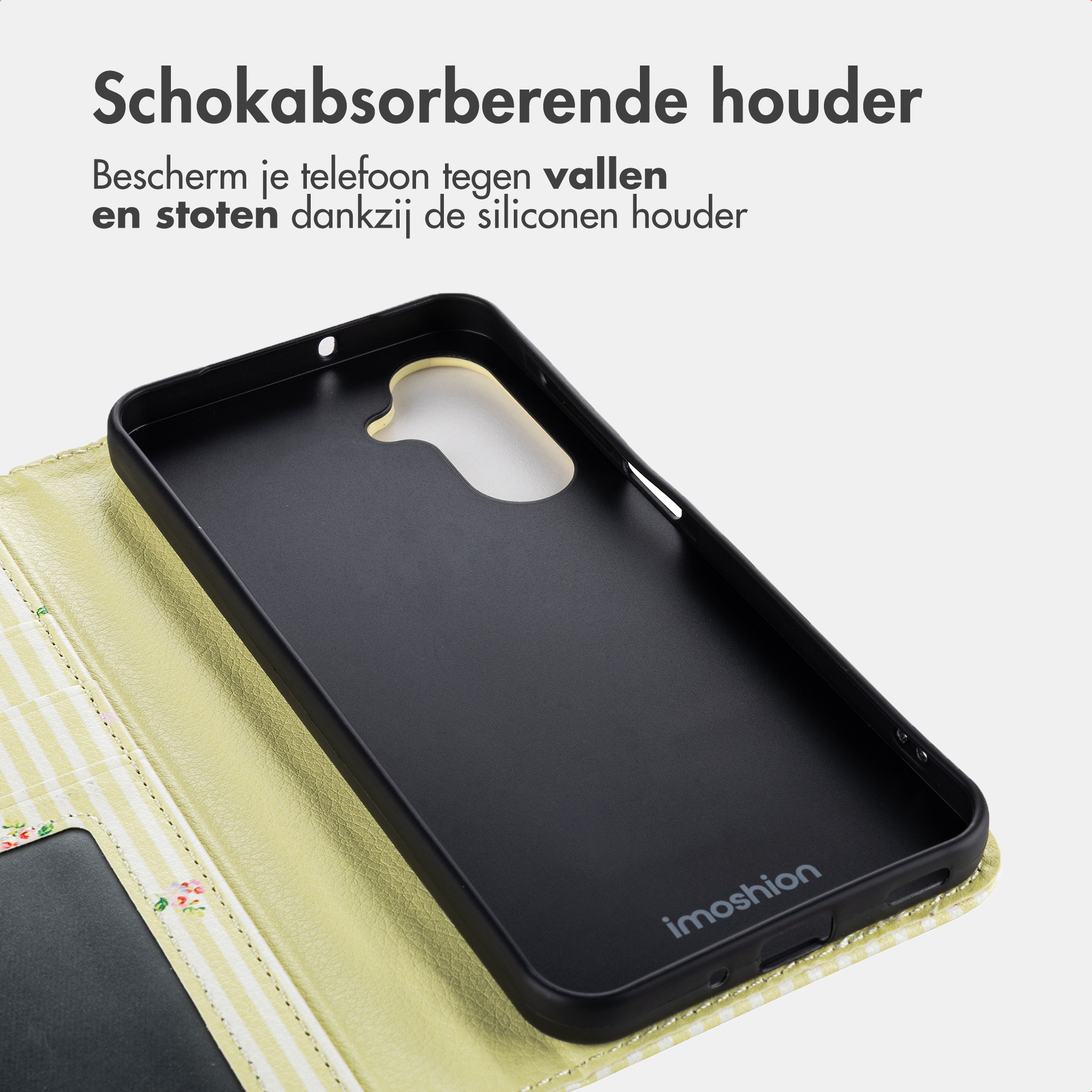 Schwarze Handyhülle mit gelb-weiß gestreiftem Muster und Blumen.