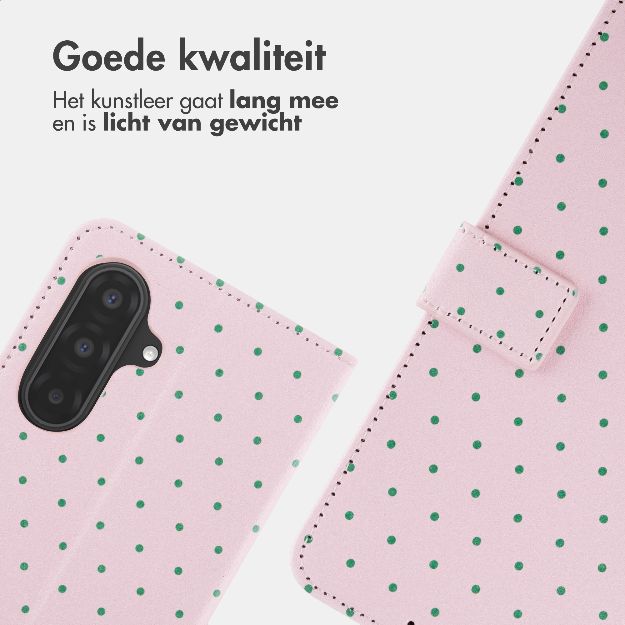 Ein rosafarbener Handyhülle mit grünen Punkten, Nahaufnahme der Kamera.