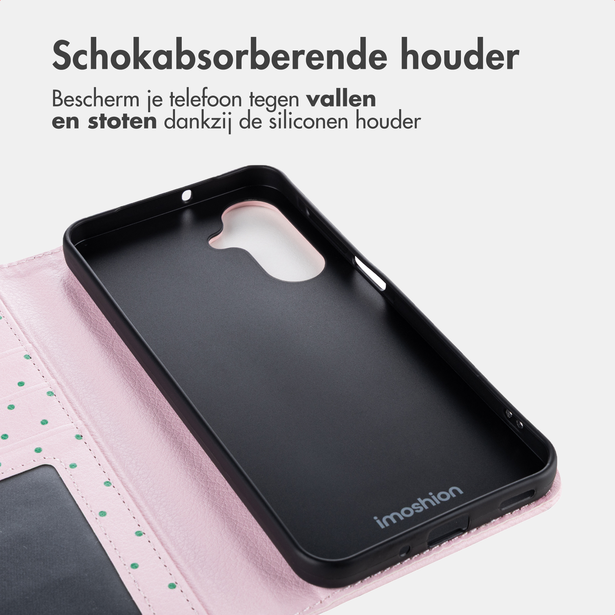 Schwarze Handyhülle mit rosa gepunktetem Leder-Flip-Cover, Innenansicht.