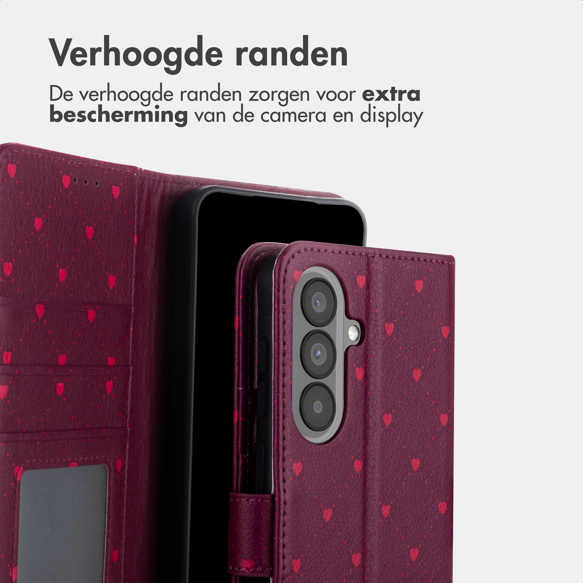 Ein lila Handyhülle mit roten Herzen, die das Handy und seine Kamera schützt.