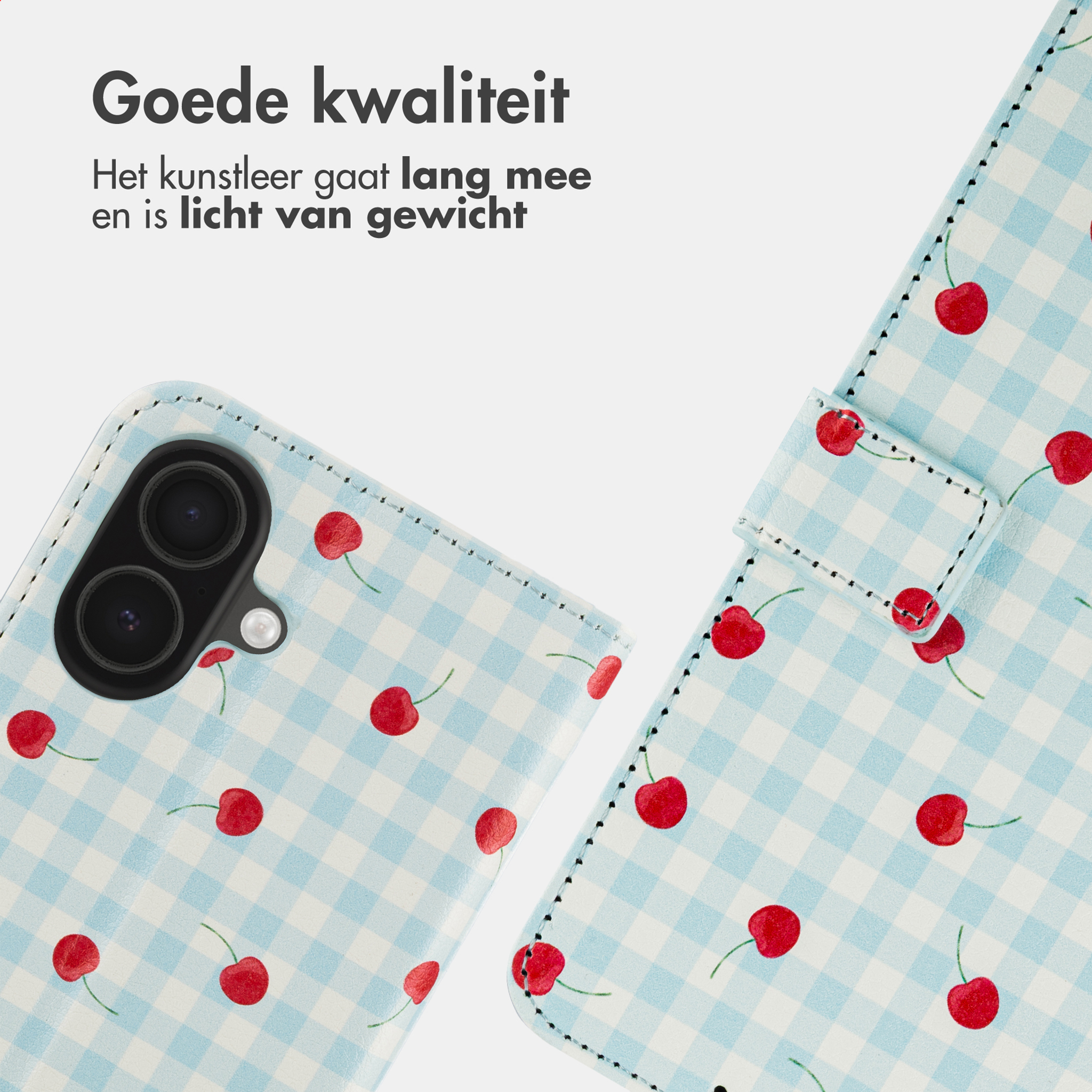Ein hellblau kariertes Handycover mit Kirschmuster.