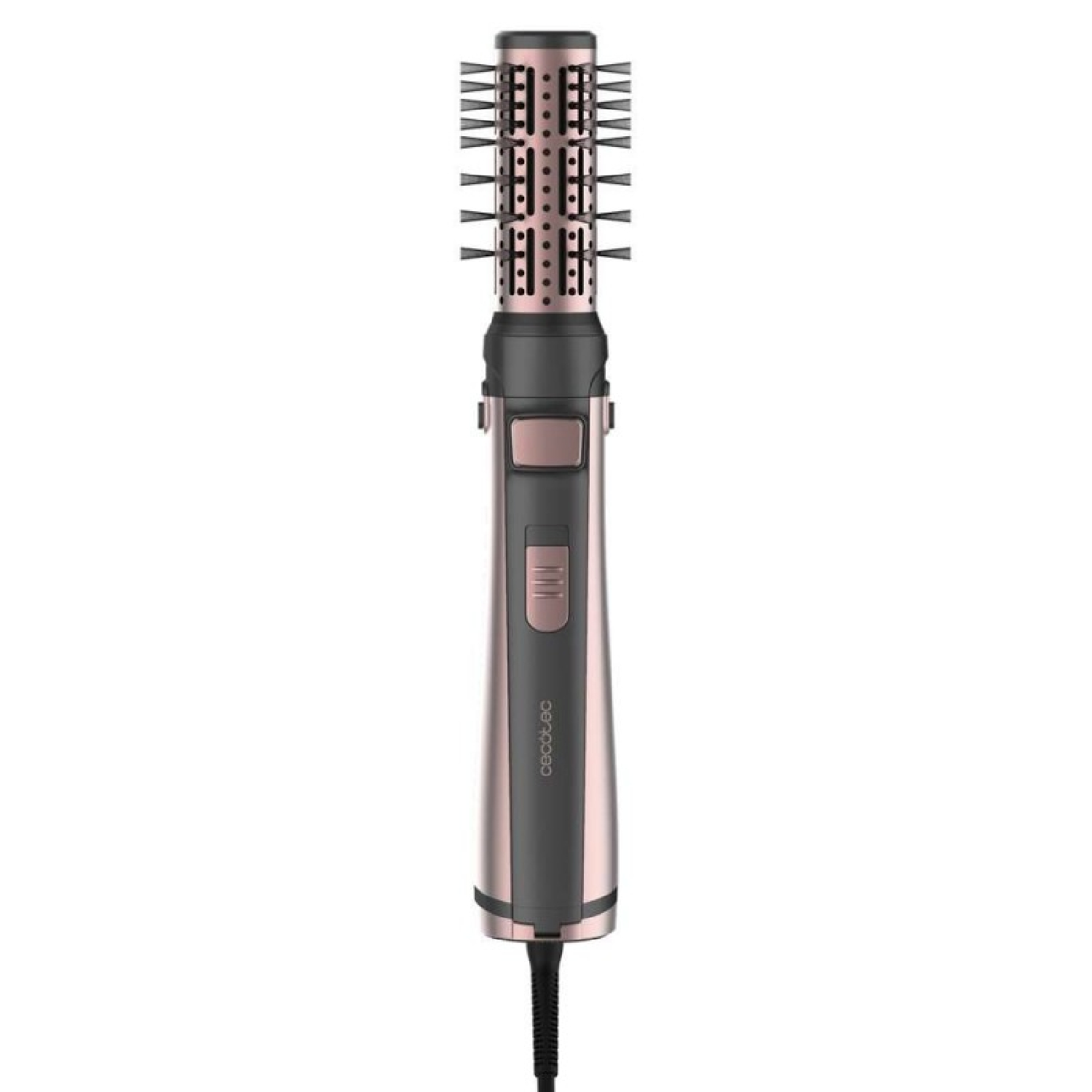Rizador de pelo rosa dorado y negro con barril y cerdas giratorios.