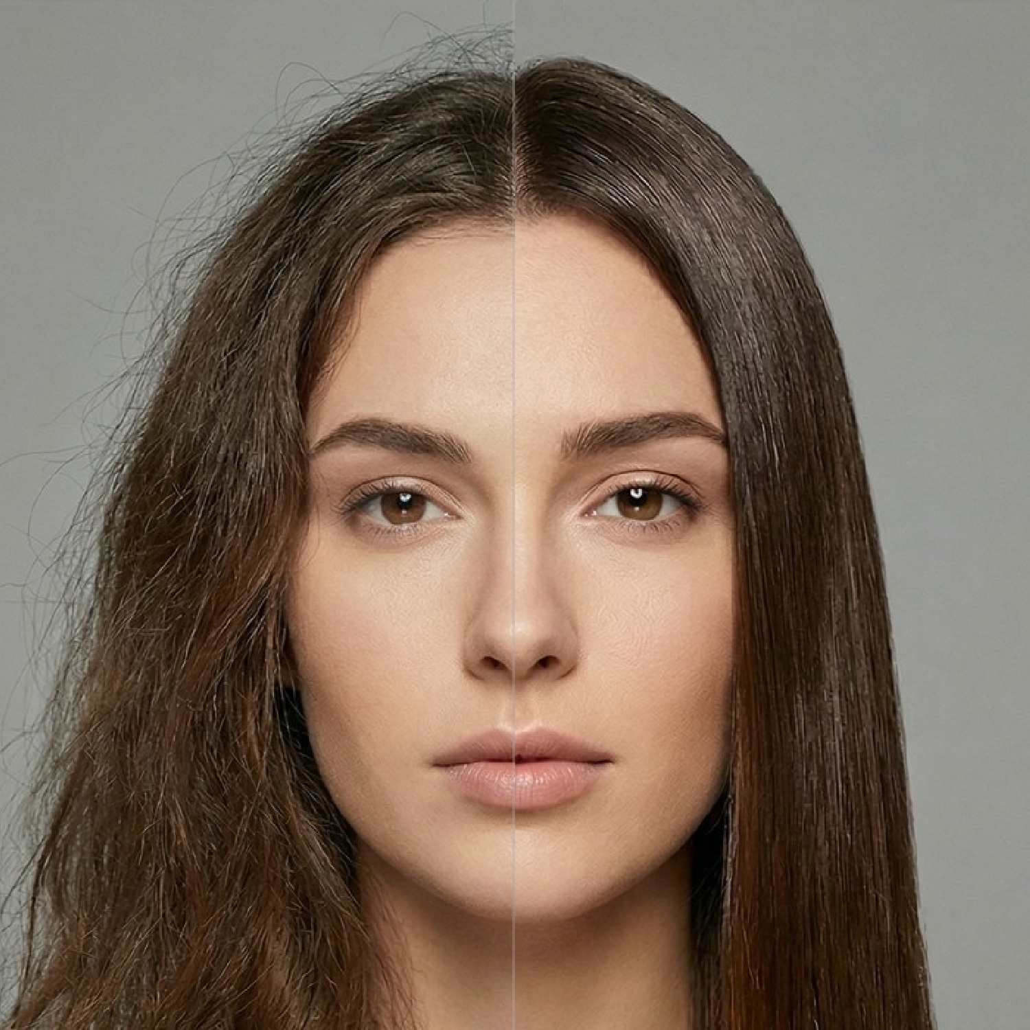 Antes y después: Una mujer con pelo encrespado y liso.