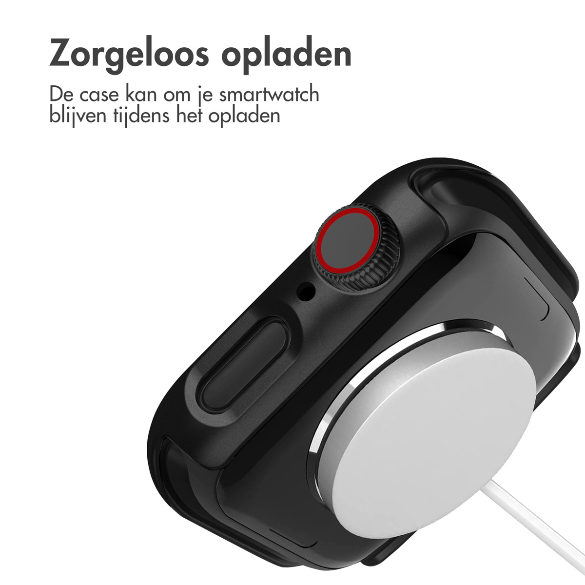 Black smartwatch with charger and white cable on a white background.