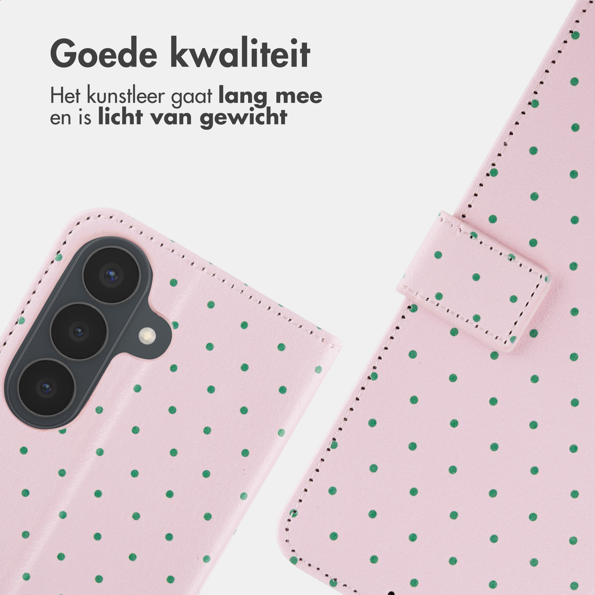 Een roze telefoonhoes met groene stippen en een cameralens.