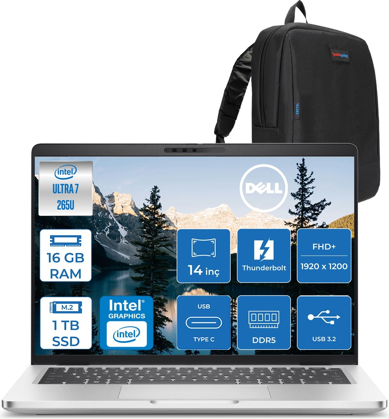 Intel Ultra 7, 16 GB RAM, 1 TB SSD'li Dell dizüstü bilgisayar ve sırt çantası.