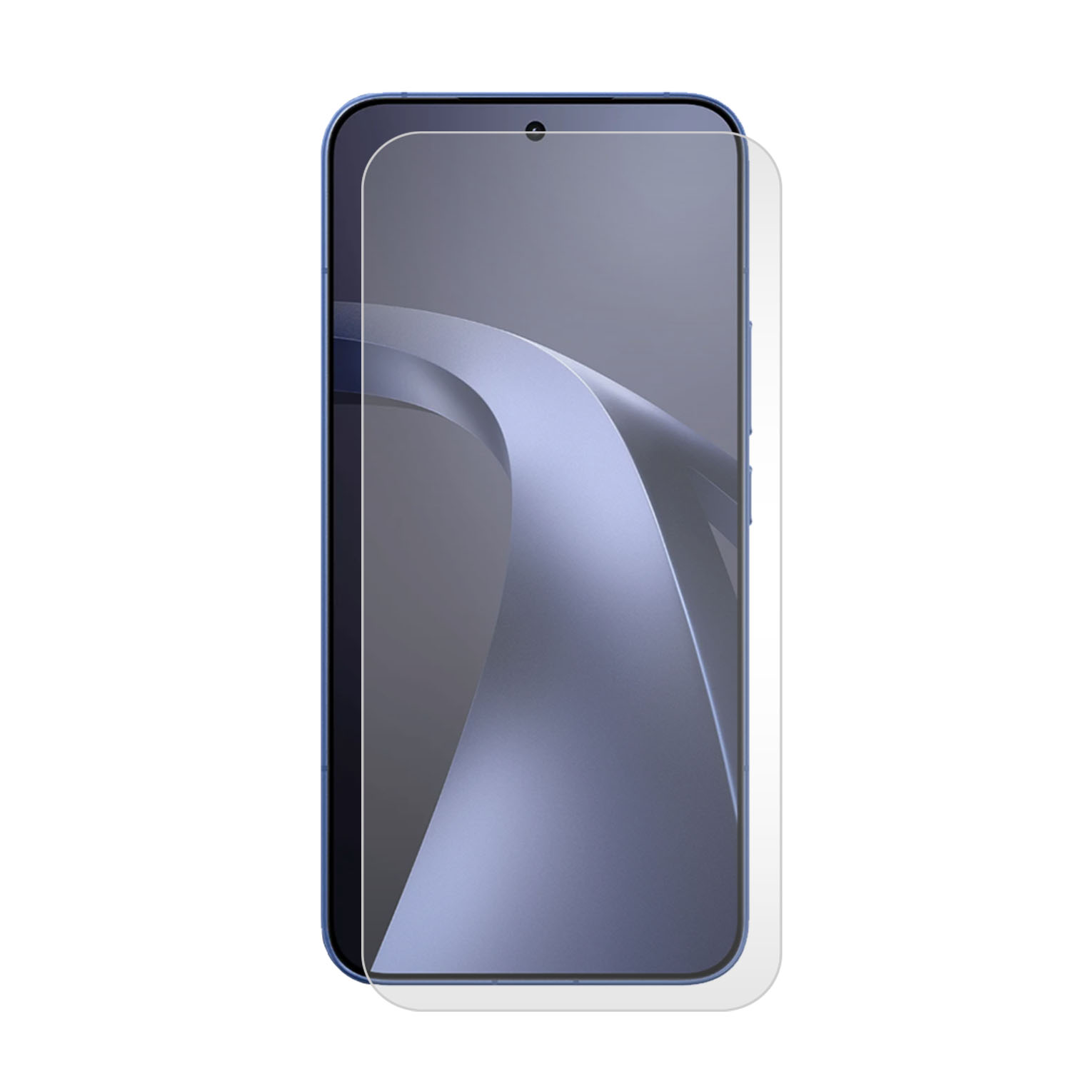 Een blauw smartphonescherm met een beschermfolie.