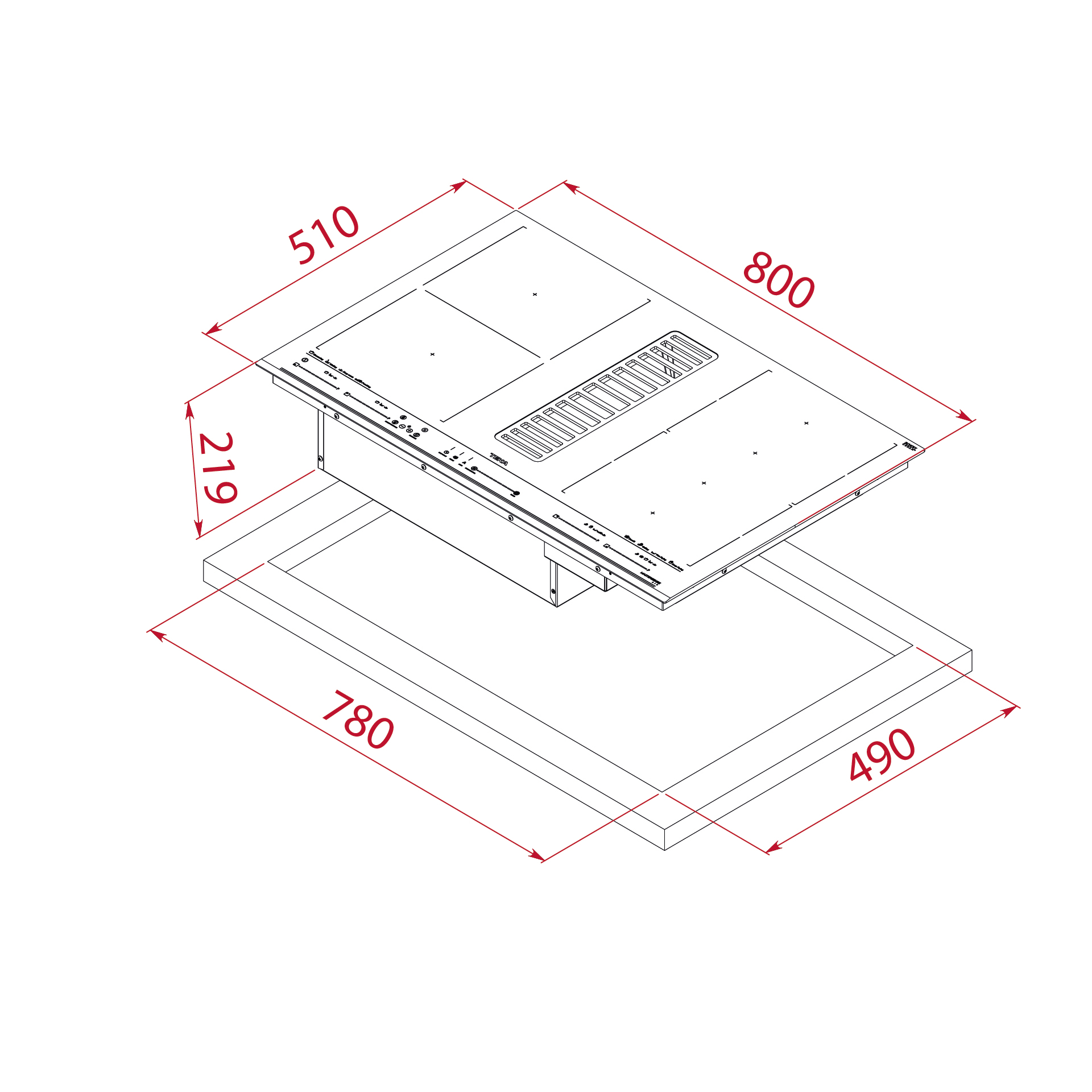 510x800x219 mm boyutlarında bir davlumbazın teknik çizimi.