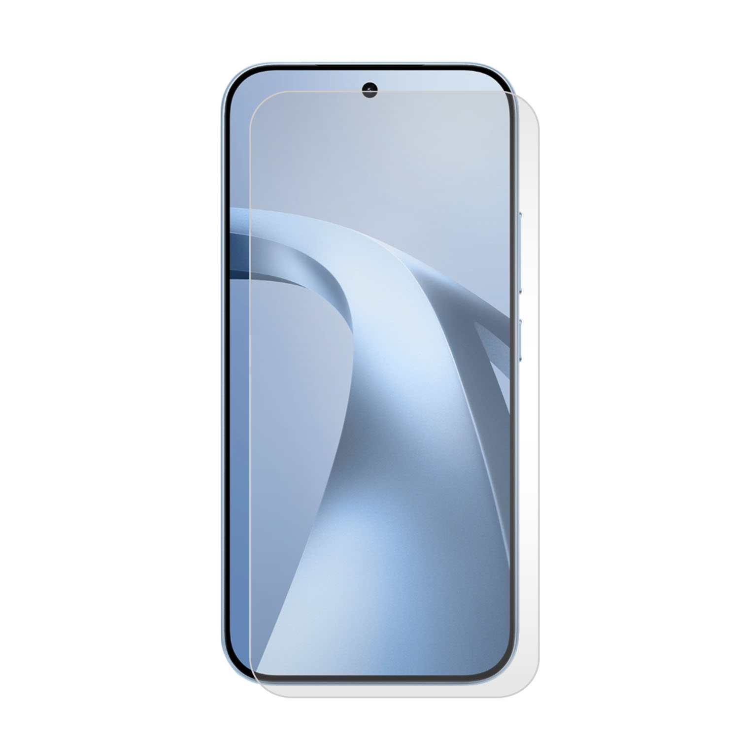 Un protecteur d'écran transparent repose sur un smartphone avec fond bleu.