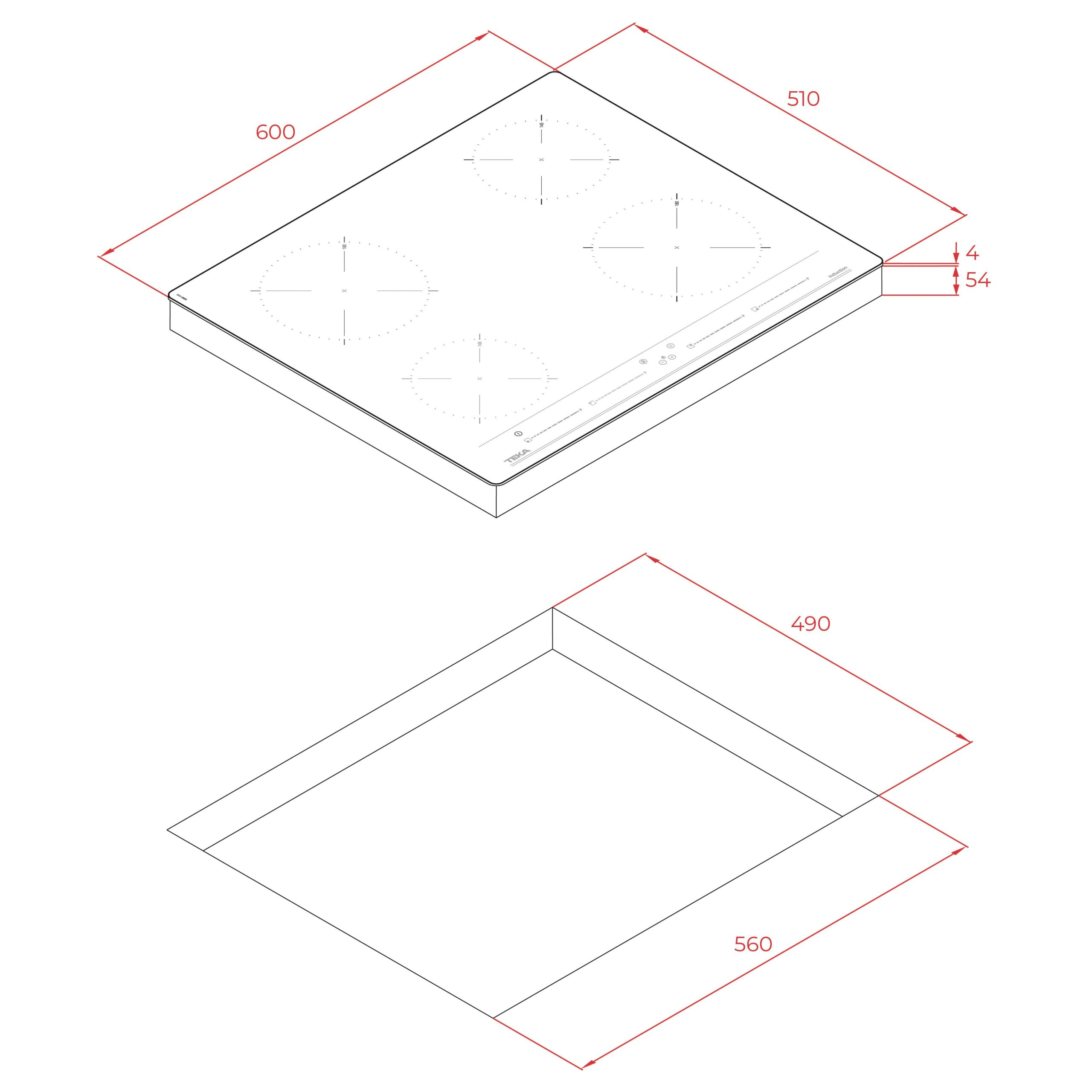 Dibujo técnico de una placa de cocina con dimensiones.