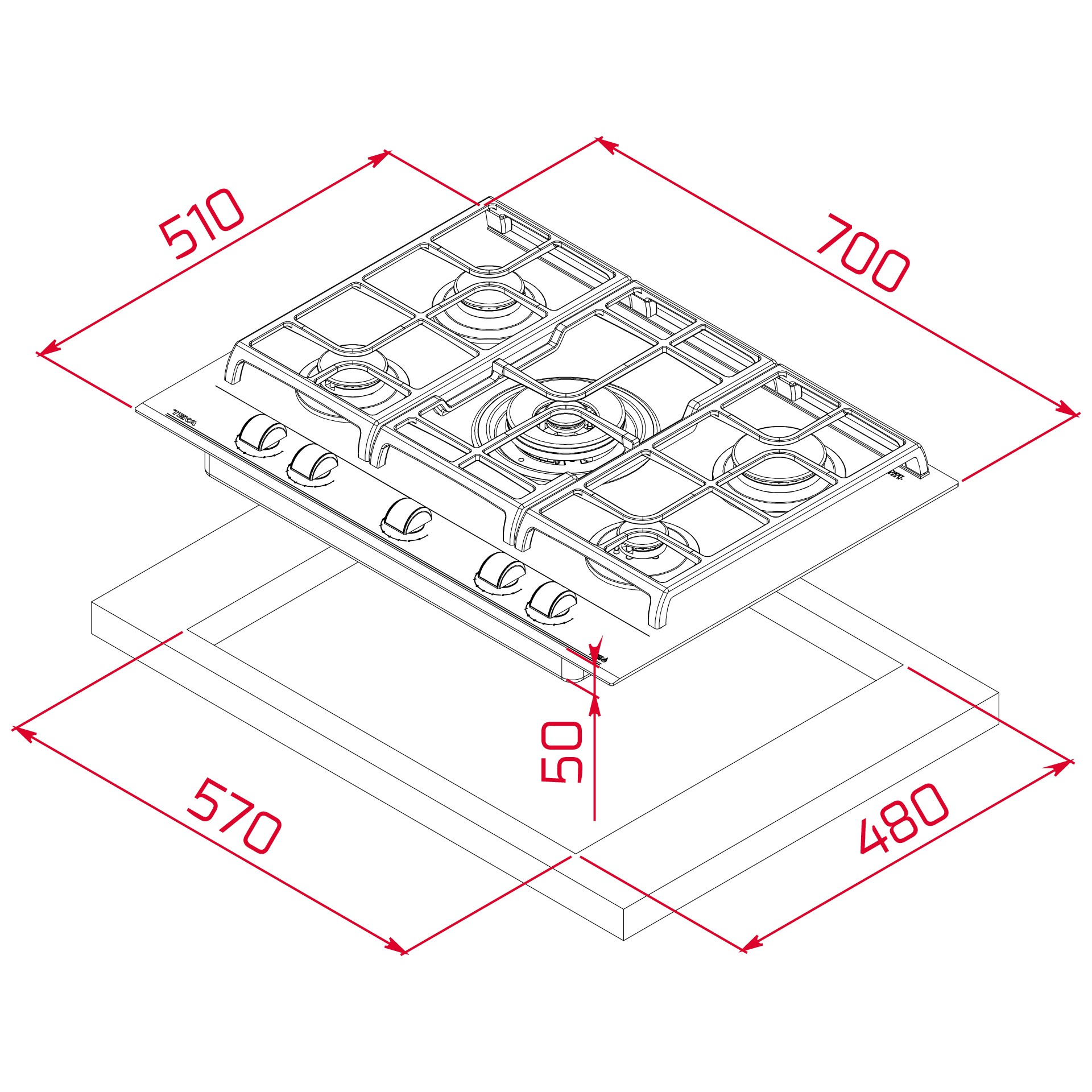 Gazlı ocak teknik çizimi, ölçüler 510x700mm ve 570x480mm.