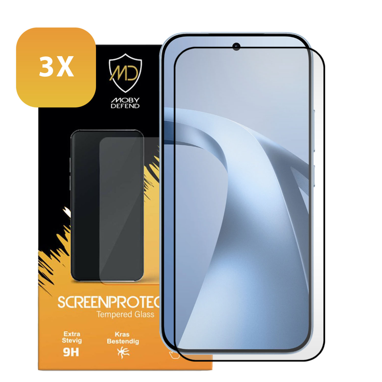 3x Moby Defend screenprotector van gehard glas voor smartphone.