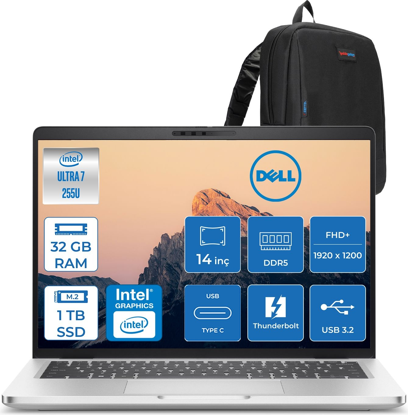 Intel Ultra 7, 32 GB RAM, 1 TB SSD, FHD+ ekranlı Dell dizüstü ve sırt çantası.