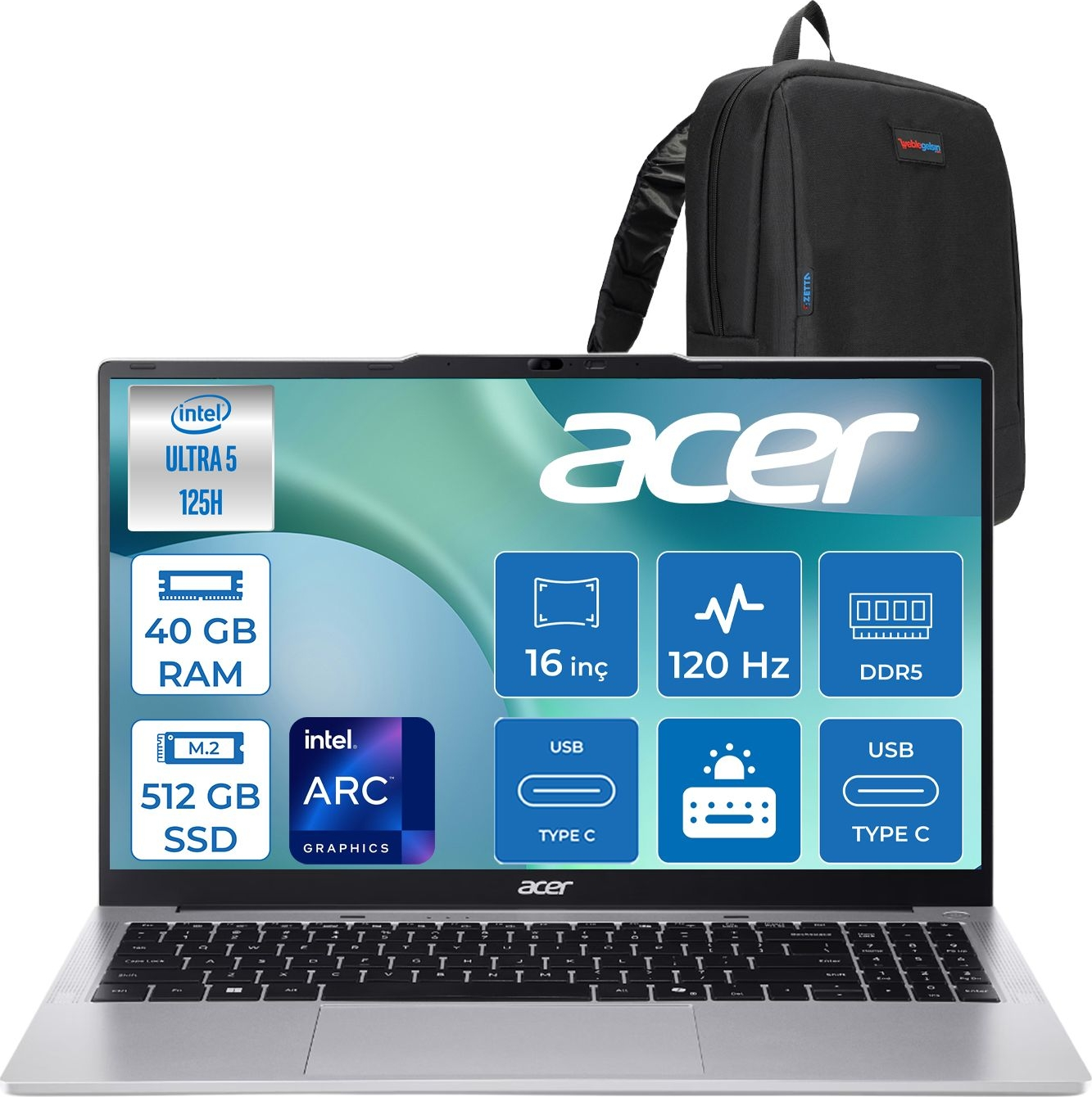 Intel Core Ultra 5, 40GB RAM, 512GB SSD'li gümüş Acer dizüstü bilgisayar ve sırt çantası.
