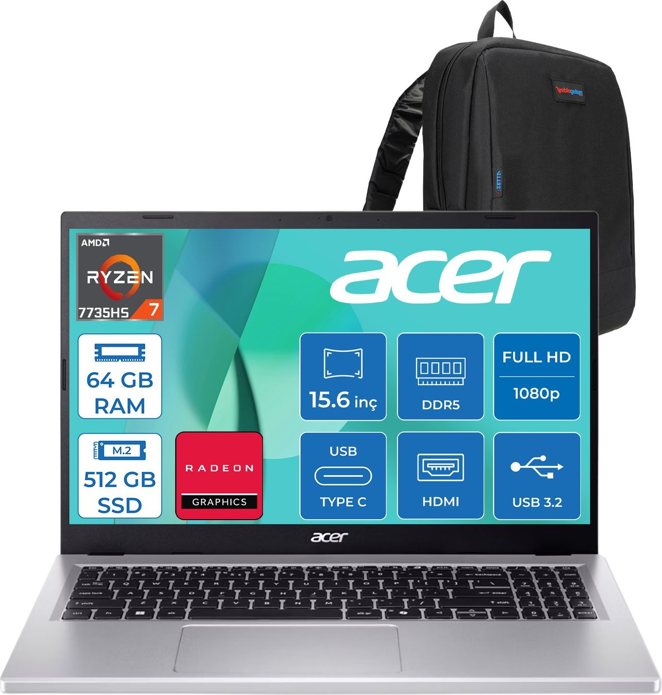Gümüş Acer dizüstü bilgisayar, AMD Ryzen 7, 64 GB RAM, 512 GB SSD ve sırt çantası.