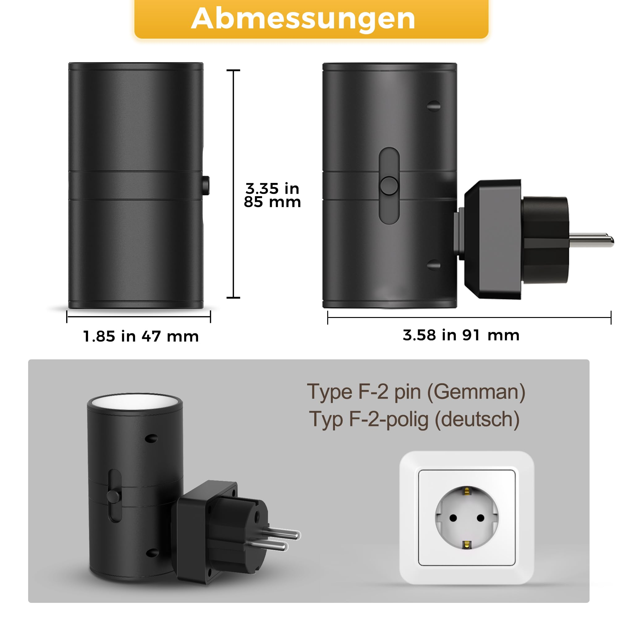 Schwarzer Reiseadapter mit Maßen und deutschem Stecker.