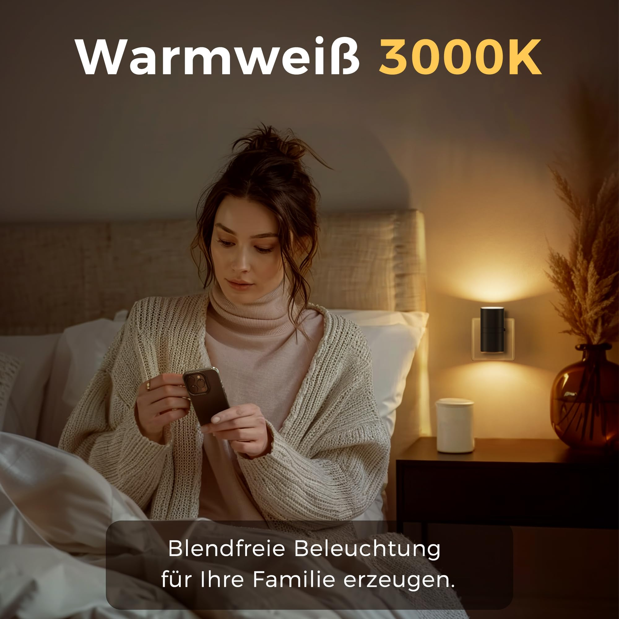 Frau im Bett mit Handy. Warmweißes Licht, 3000K. Blendfreie Beleuchtung.
