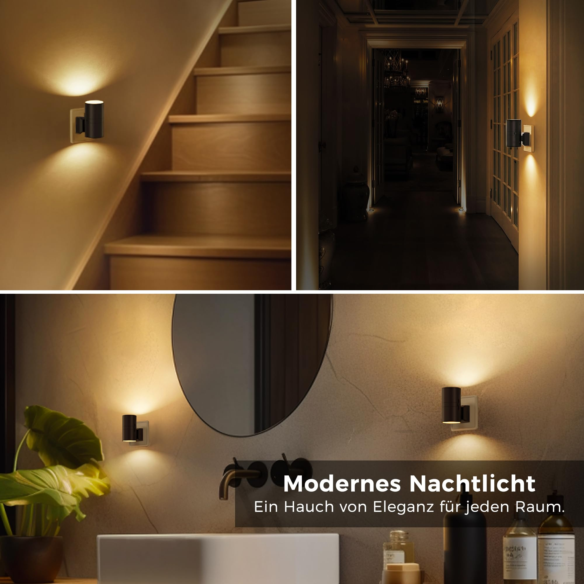 Moderne Wandleuchte beleuchtet Treppenhaus, Flur und Badezimmer.