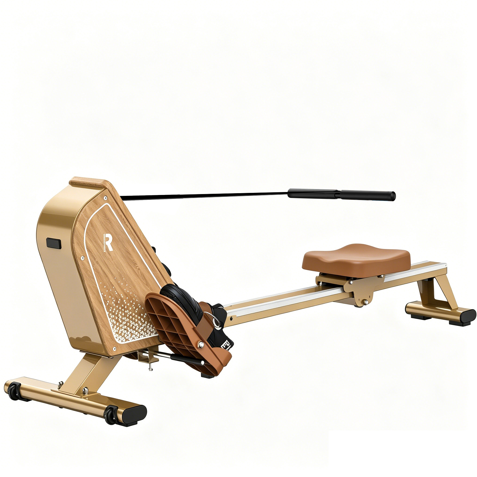 Ein goldener Ruderergometer mit braunem Sitz und Holzdetails.