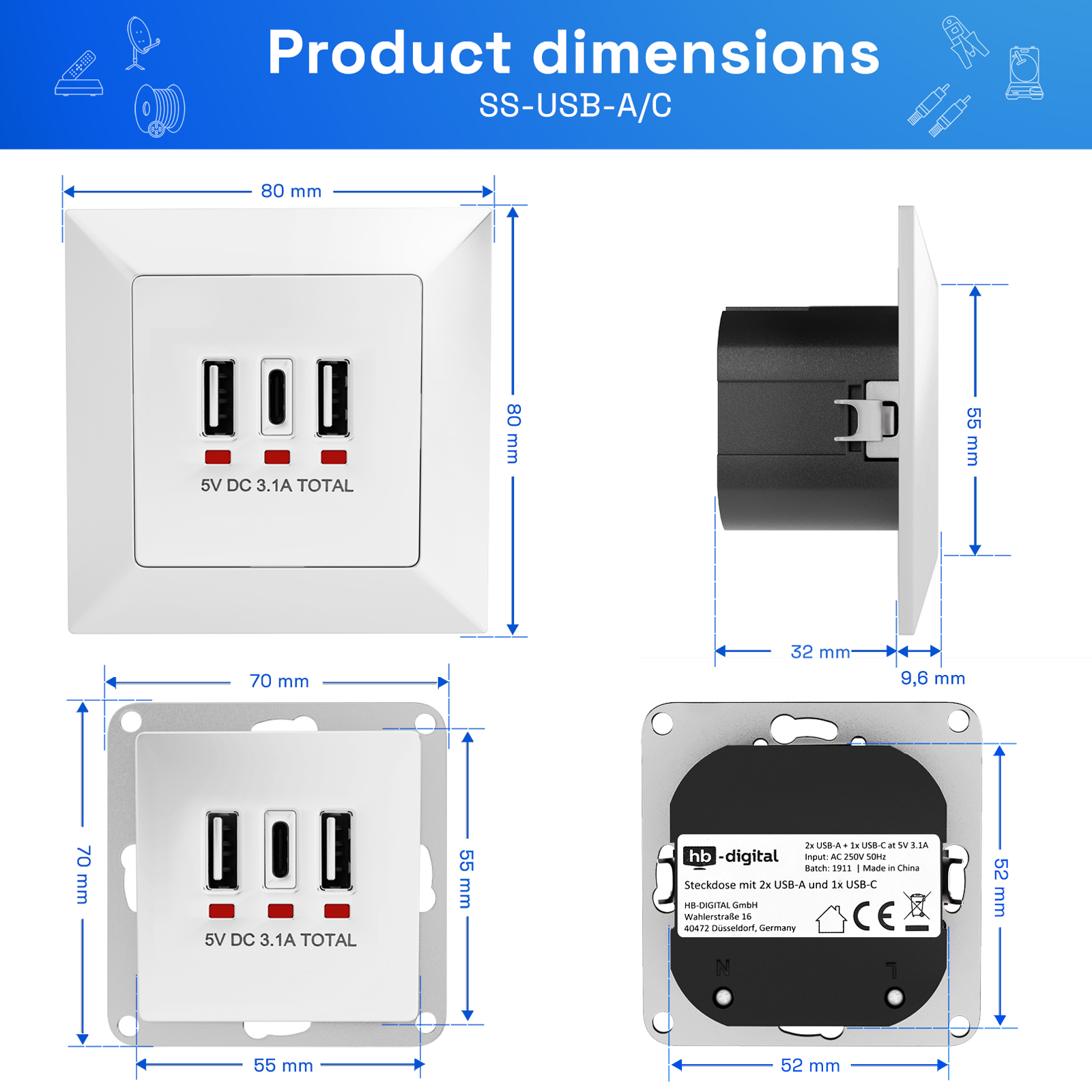 Weiße Wandsteckdose mit 2x USB-A und 1x USB-C. Maße: 80x80mm.