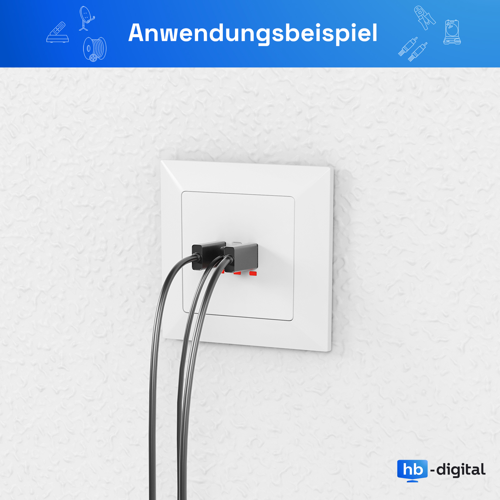 Zwei schwarze Stecker mit roten Akzenten stecken in einer weißen Steckdose.