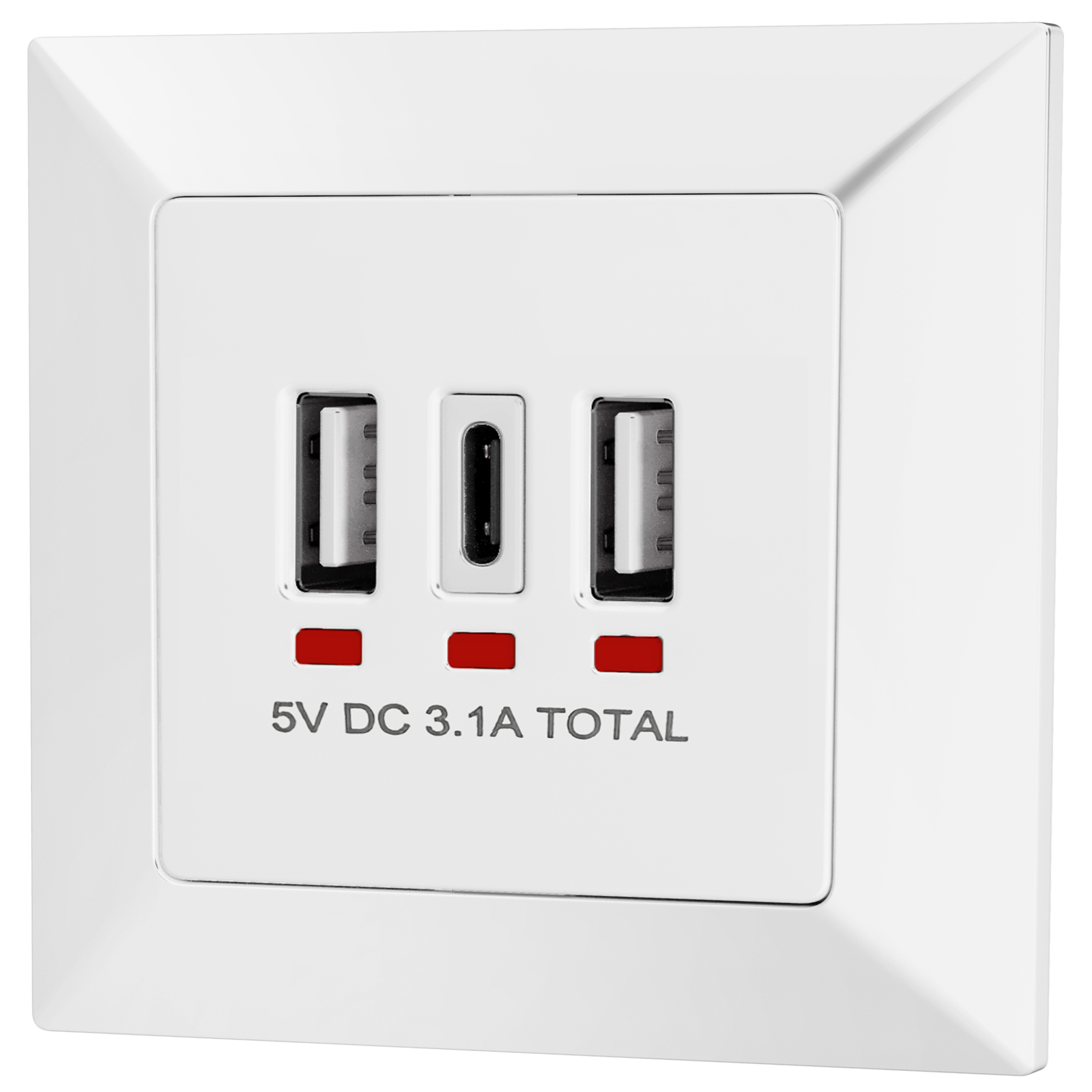 Weiße Wandsteckdose mit 2 USB-A- und 1 USB-C-Anschluss und roten LED-Anzeigen.