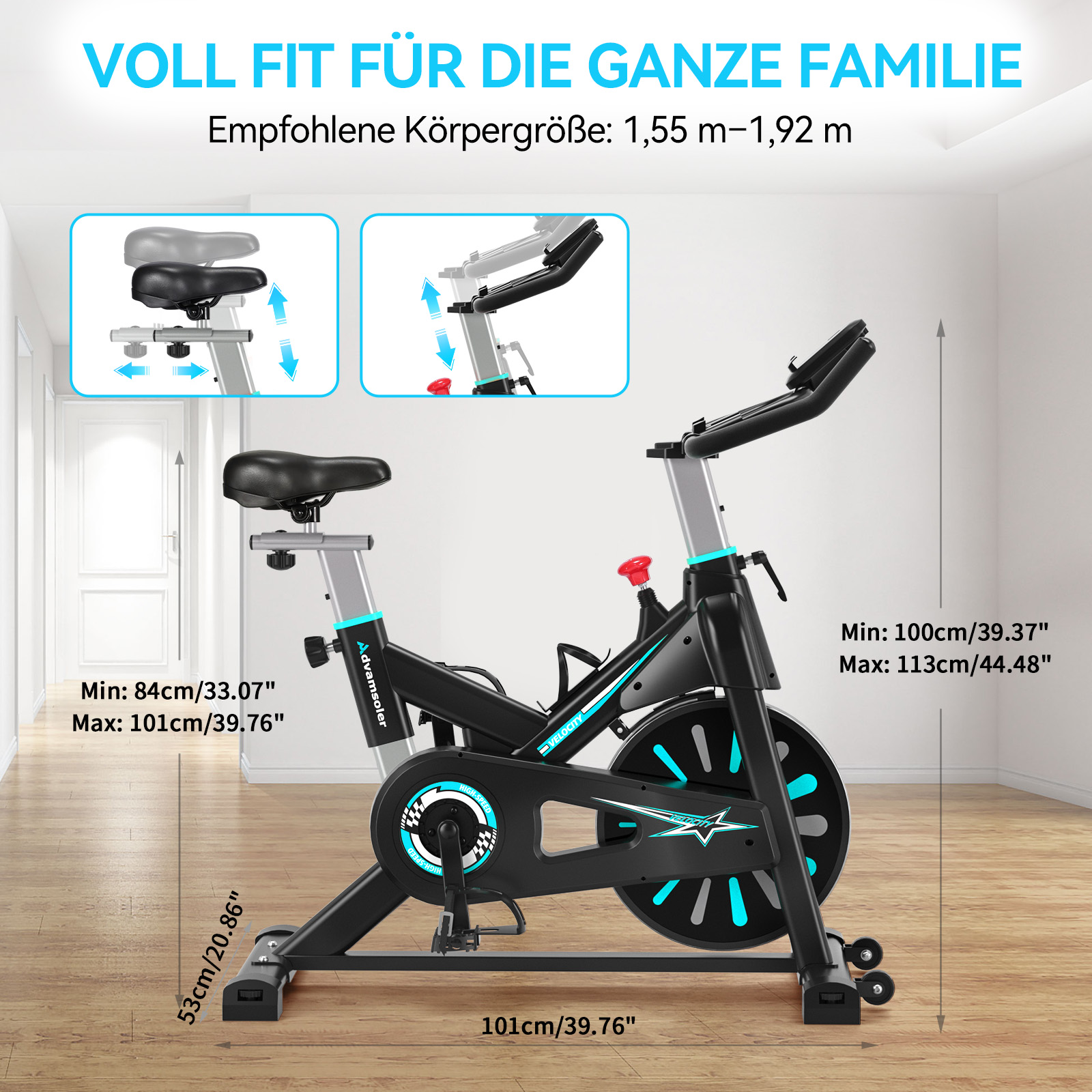 Ein schwarzer Indoor-Cycling-Ergometer mit blauen Akzenten und Größenangaben.