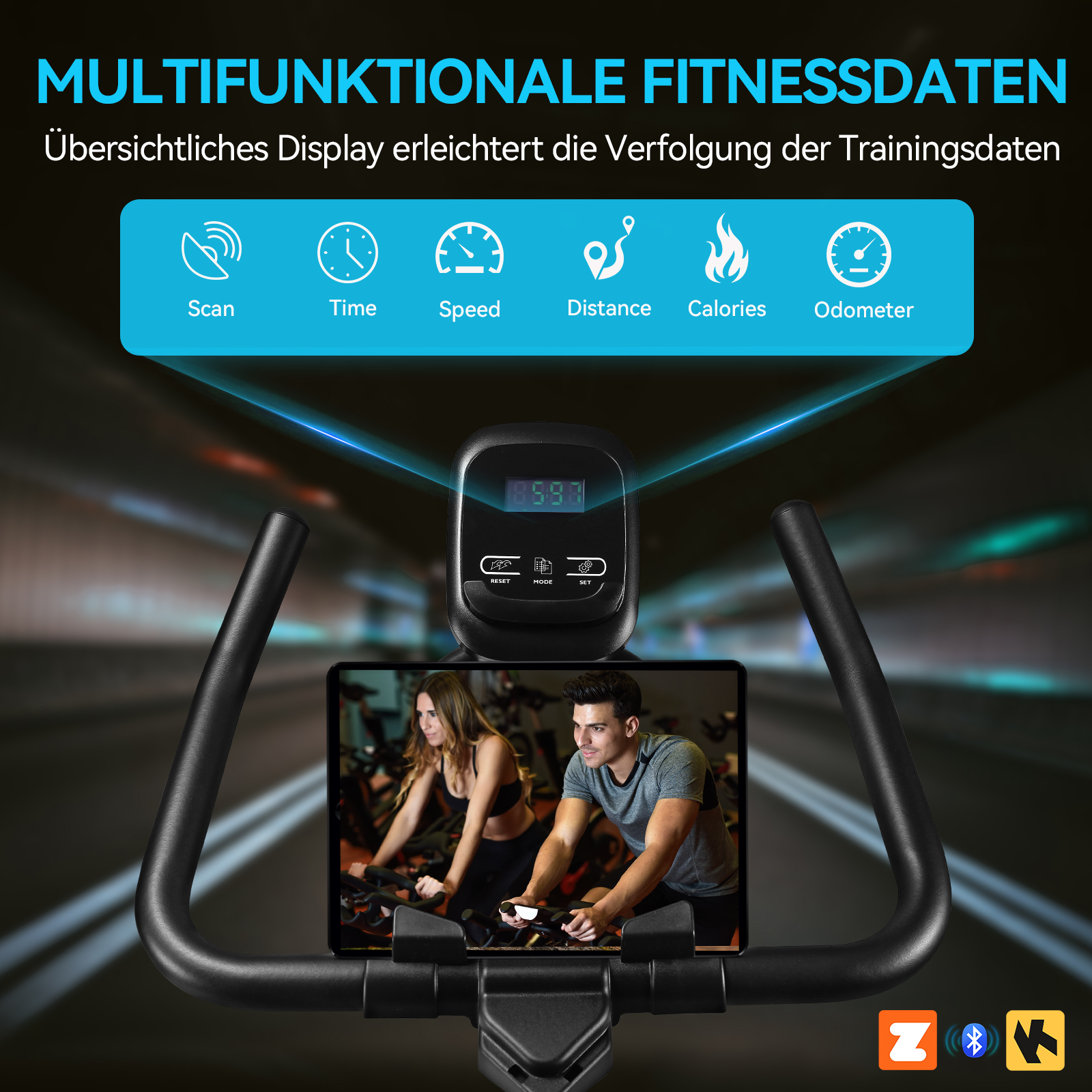 Spinningrad mit Digitalanzeige und Tablet, das ein Paar beim Radfahren zeigt.