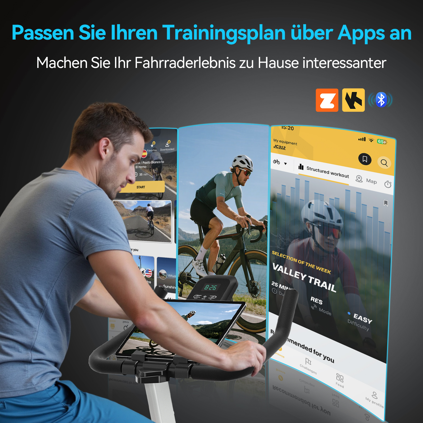 Mann auf Heimtrainer mit drei Handy-Screens, die Fahrrad-Apps zeigen.