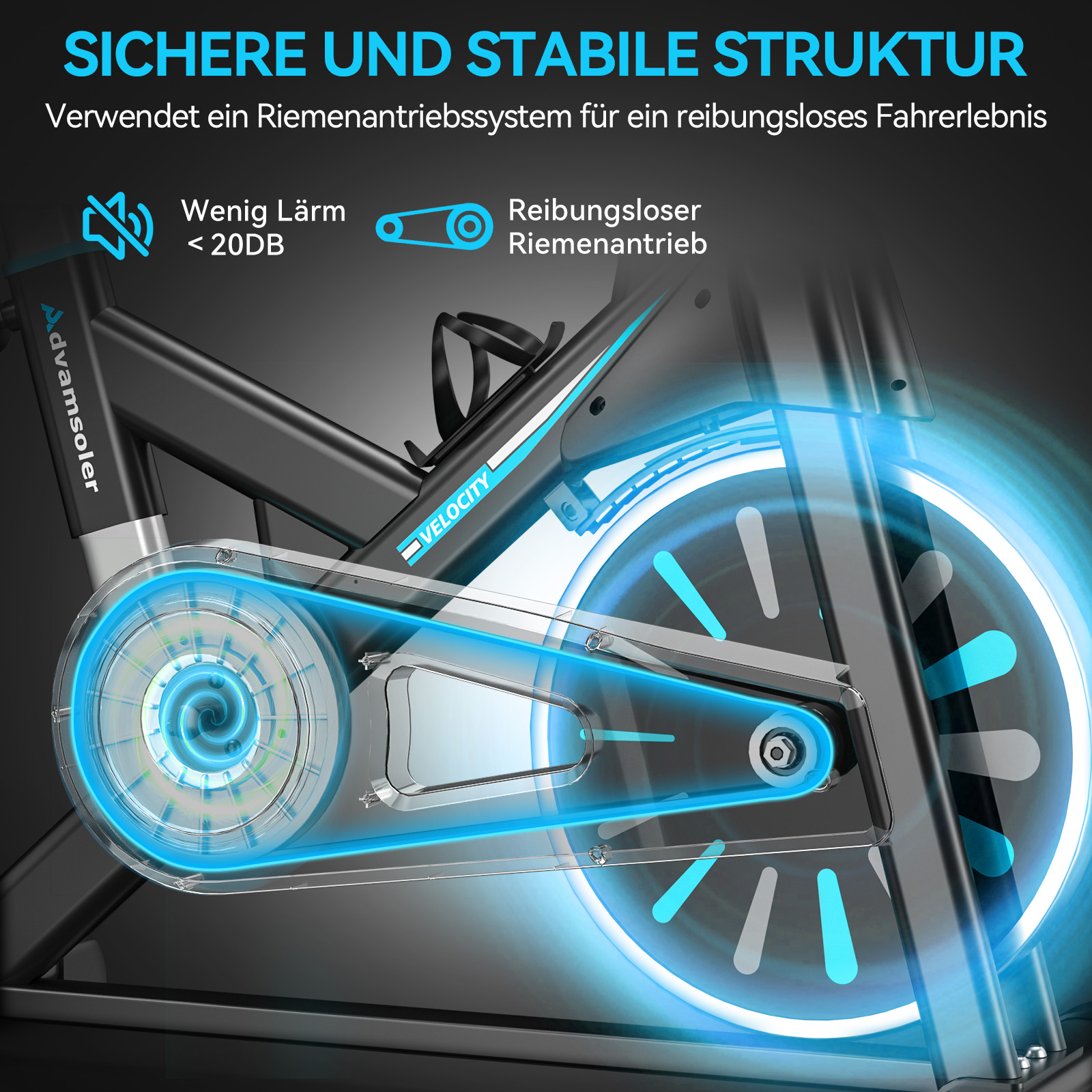 Detailansicht eines Fahrrad-Antriebssystems mit Riemen und Schwungrad.