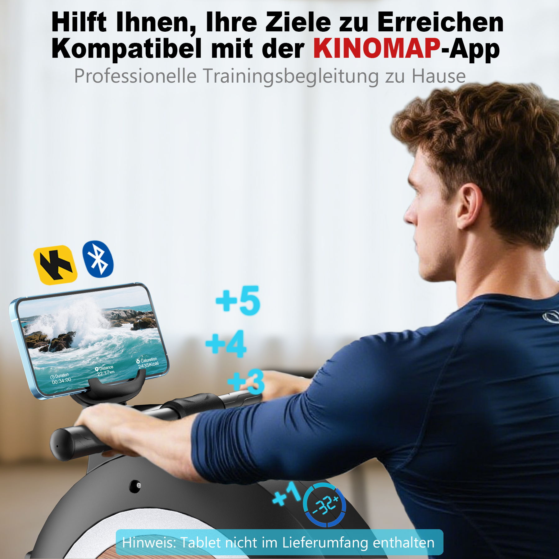 Mann rudert, Handy zeigt Meereswellen. App-Statistiken: 34 Min, 22,17 km, 2435 kcal.