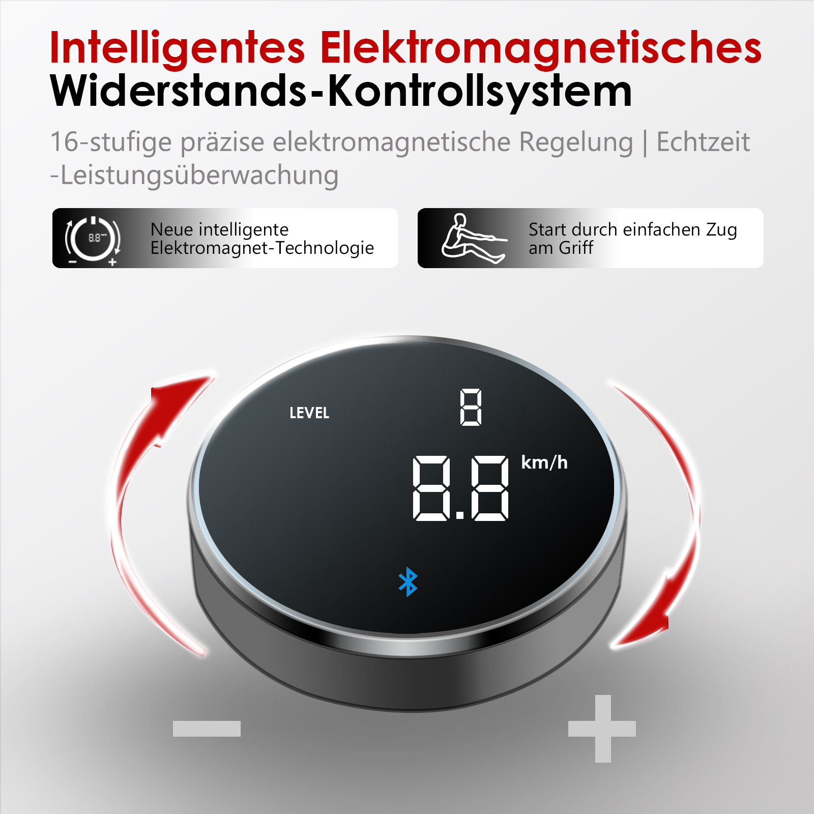 Intelligentes Widerstandssystem mit Display, das Level 8 und 8.8 km/h anzeigt.
