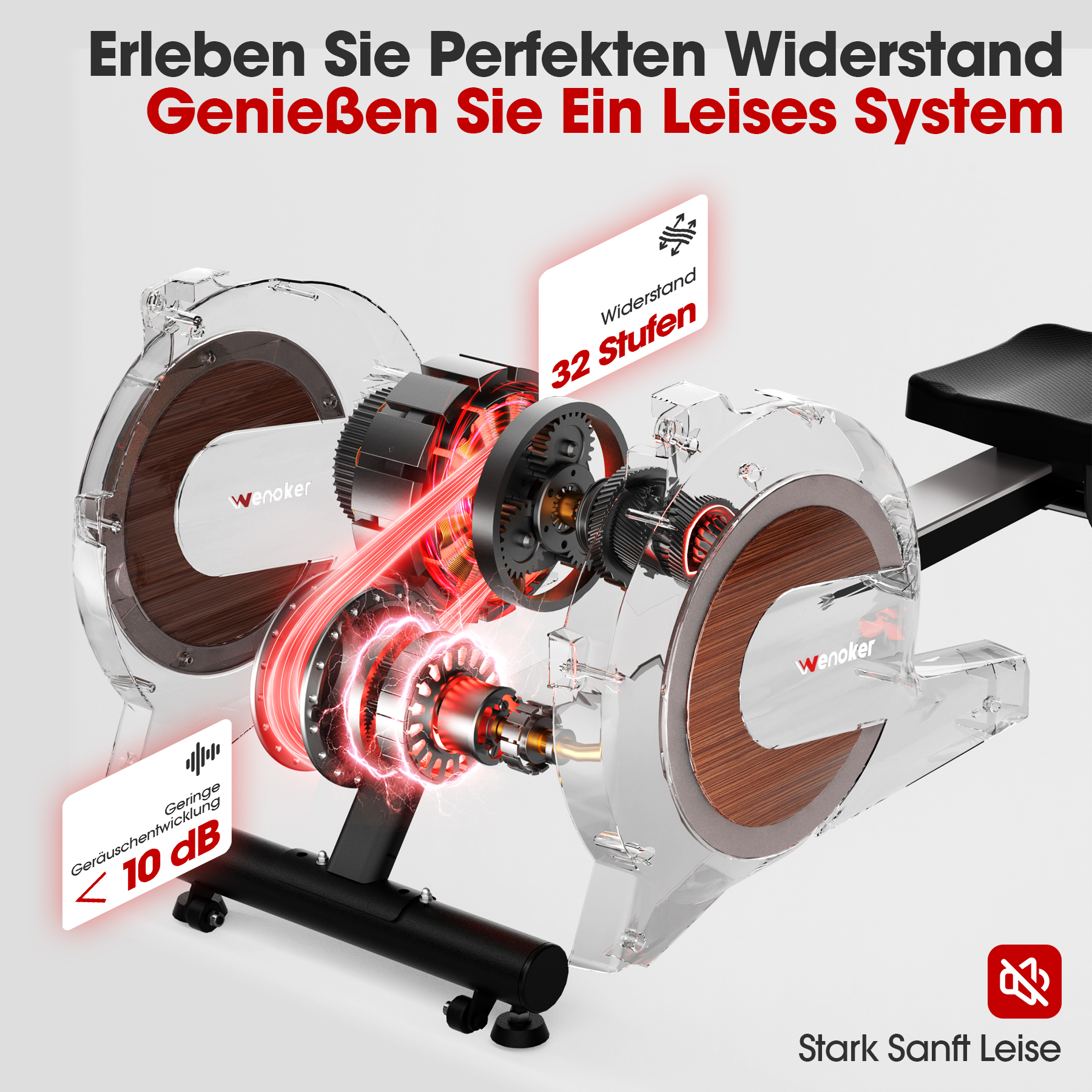 Detailansicht eines Trainingsgeräts mit 32 Widerstandsstufen und geringer Geräuschentwicklung.
