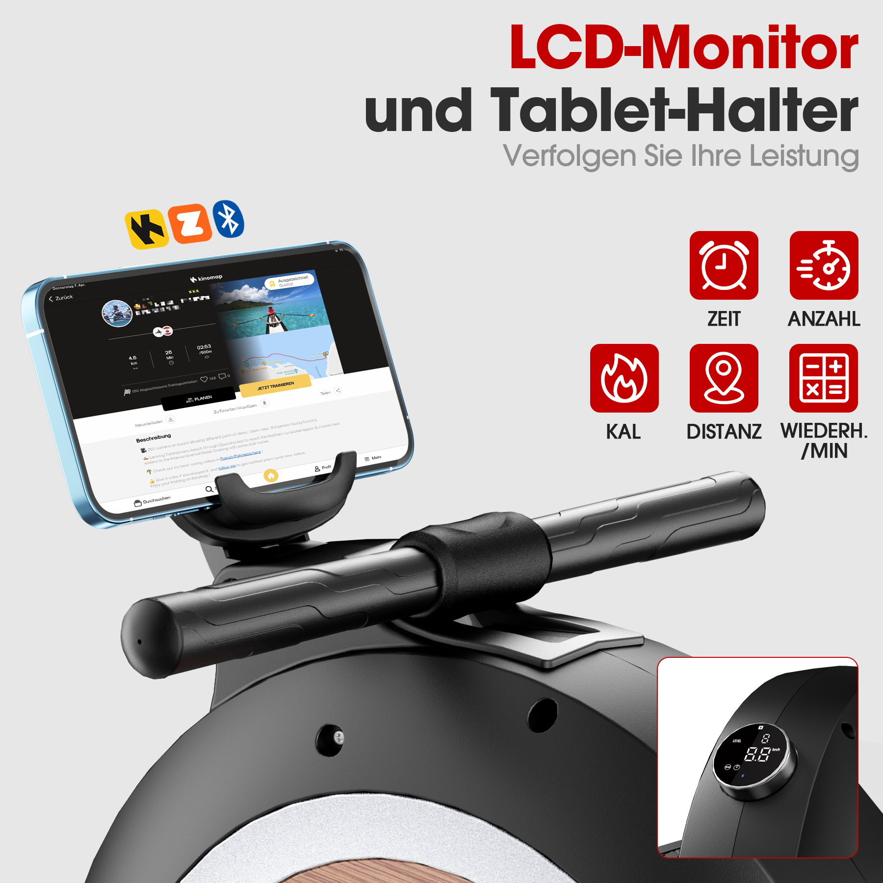 Rudergerät mit Tablet-Halterung, zeigt Kinomap-App und Trainingsstatistiken.